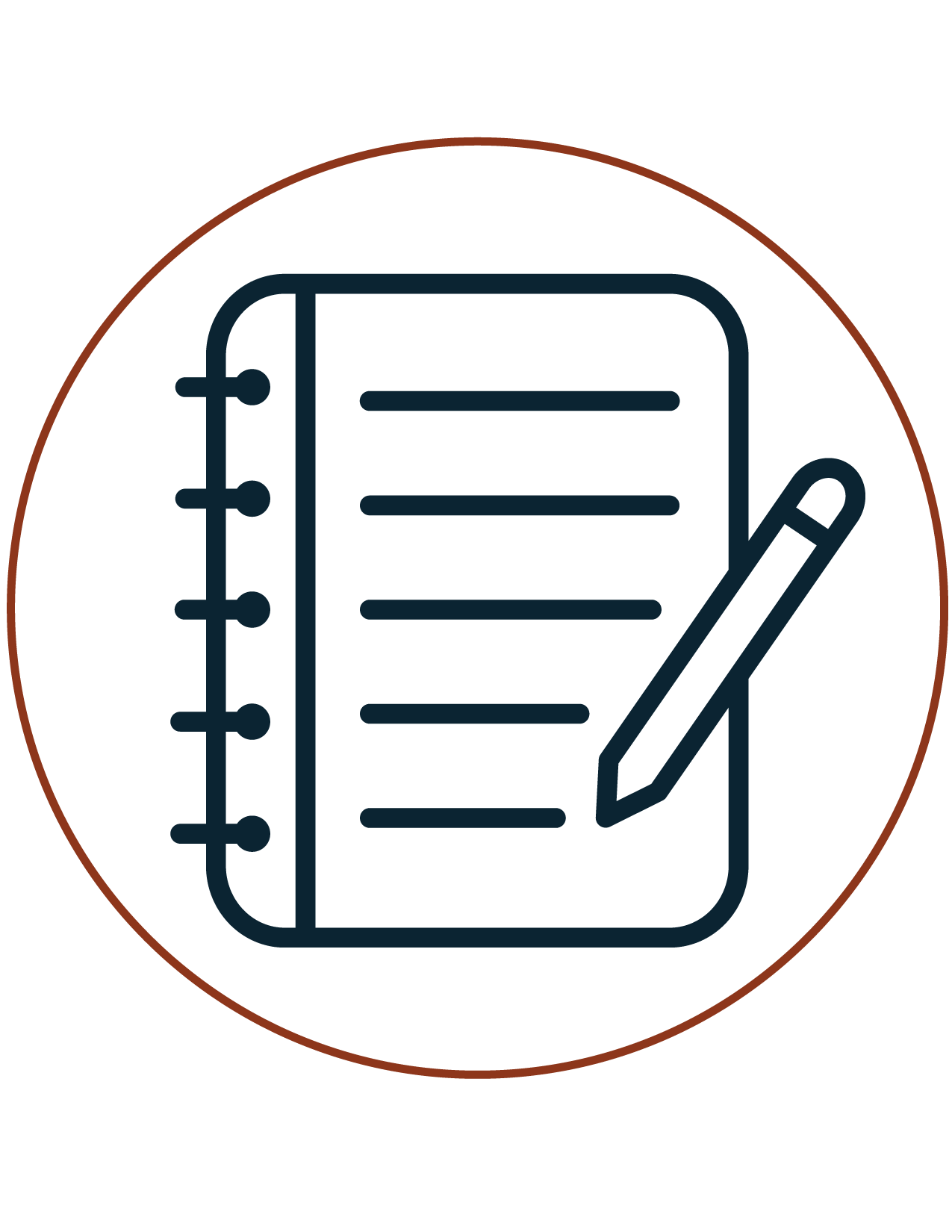 Line art icon of a notebook with lines, a spiral binding on the left, and a pencil on the right, enclosed in a circle outline.