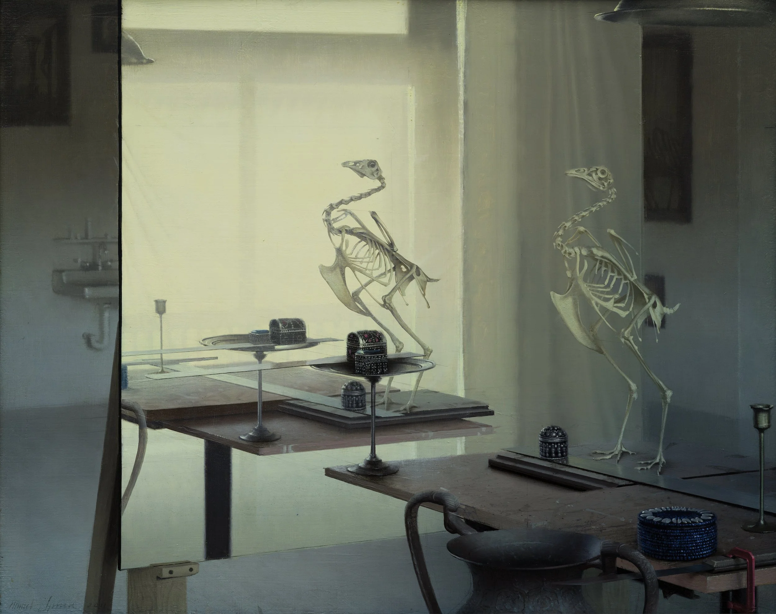 Bird and Mirror by Daniel Sprick. Painting of a bird skeleton and small decorative items on a table in front of a mirror.