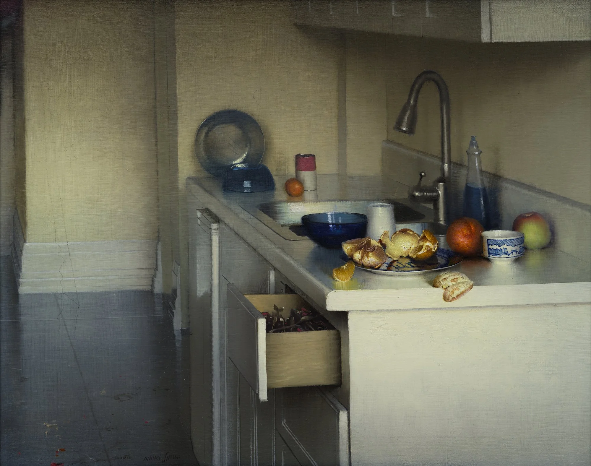 Kitchen Scene with Oranges by Daniel Sprick. Still life painting of a kitchen countertop with peeled oranges, dishes, dish soap, and a sink with a curved faucet. 