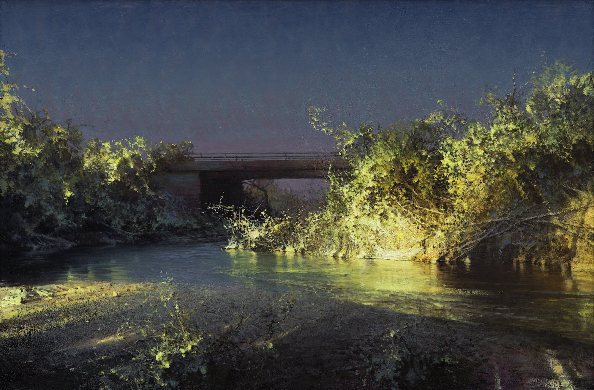 Night scene of a river with trees on the banks, illuminated by moonlight, with a bridge in the background.