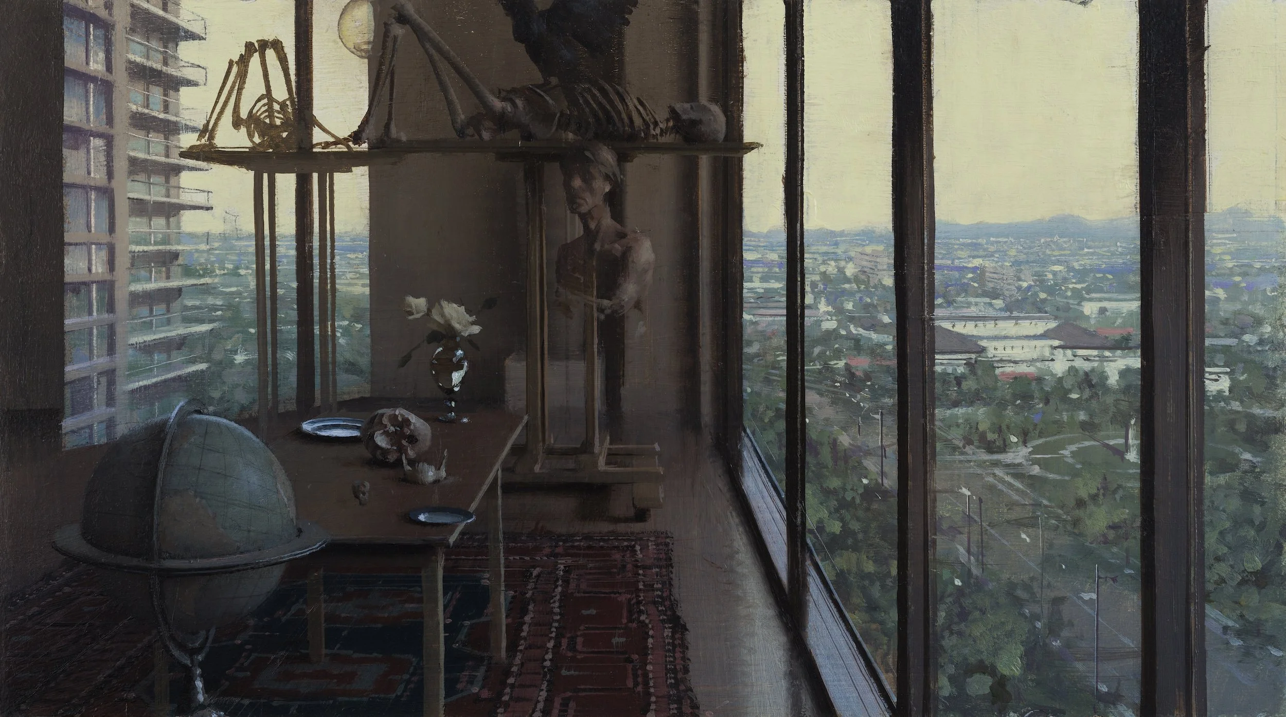 Requiem by Daniel Sprick. Interior view of a high-rise condominium with a large glass window showing an urban cityscape and distant mountains. Inside, there is a large globe, a reclined skeleton, flowers, and a reflection of the artist painting.
