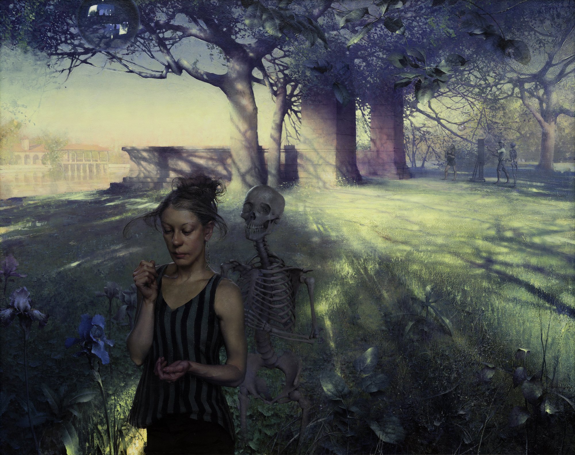 A surreal scene combining a woman with dark hair and a skeleton in a dark forest with tall trees, a foggy atmosphere, and distant figures walking along a path. The setting has an eerie, mystical quality with soft, glowing light.