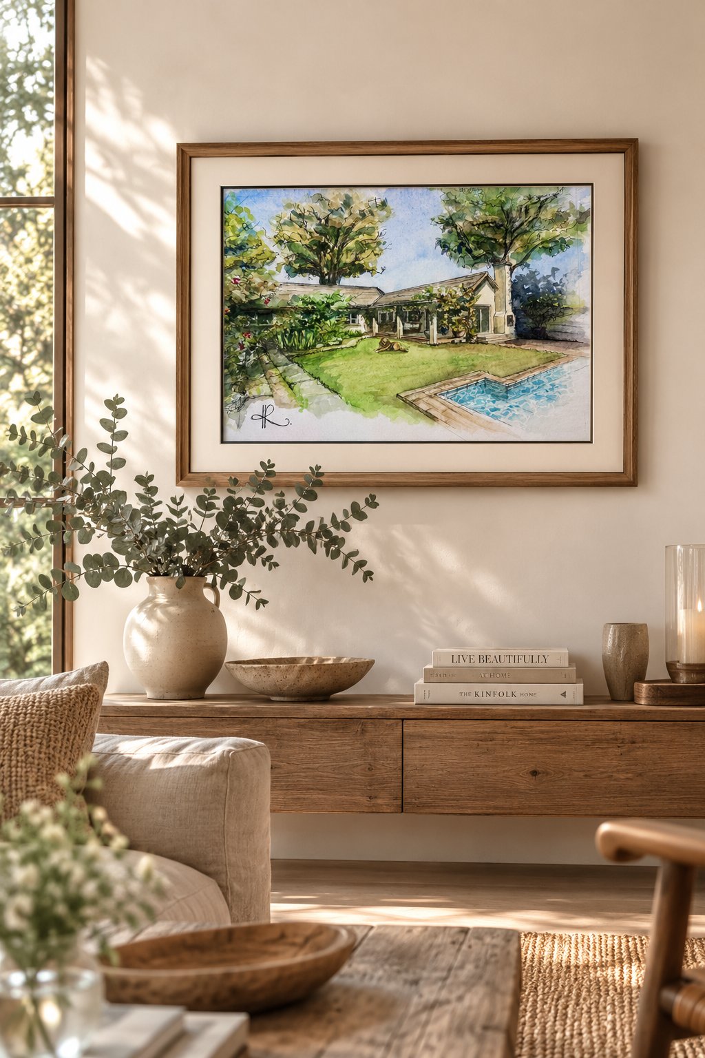 Watercolor painting of a house with trees, lawn, and swimming pool in a living room with natural lighting, plants, books, and wooden furniture.