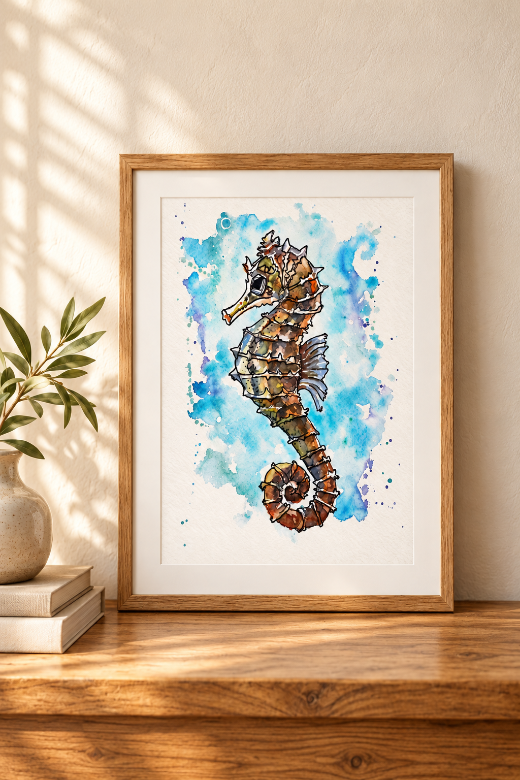 Watercolor painting of a seahorse in a wooden frame, placed on a wooden surface next to a potted plant and books.