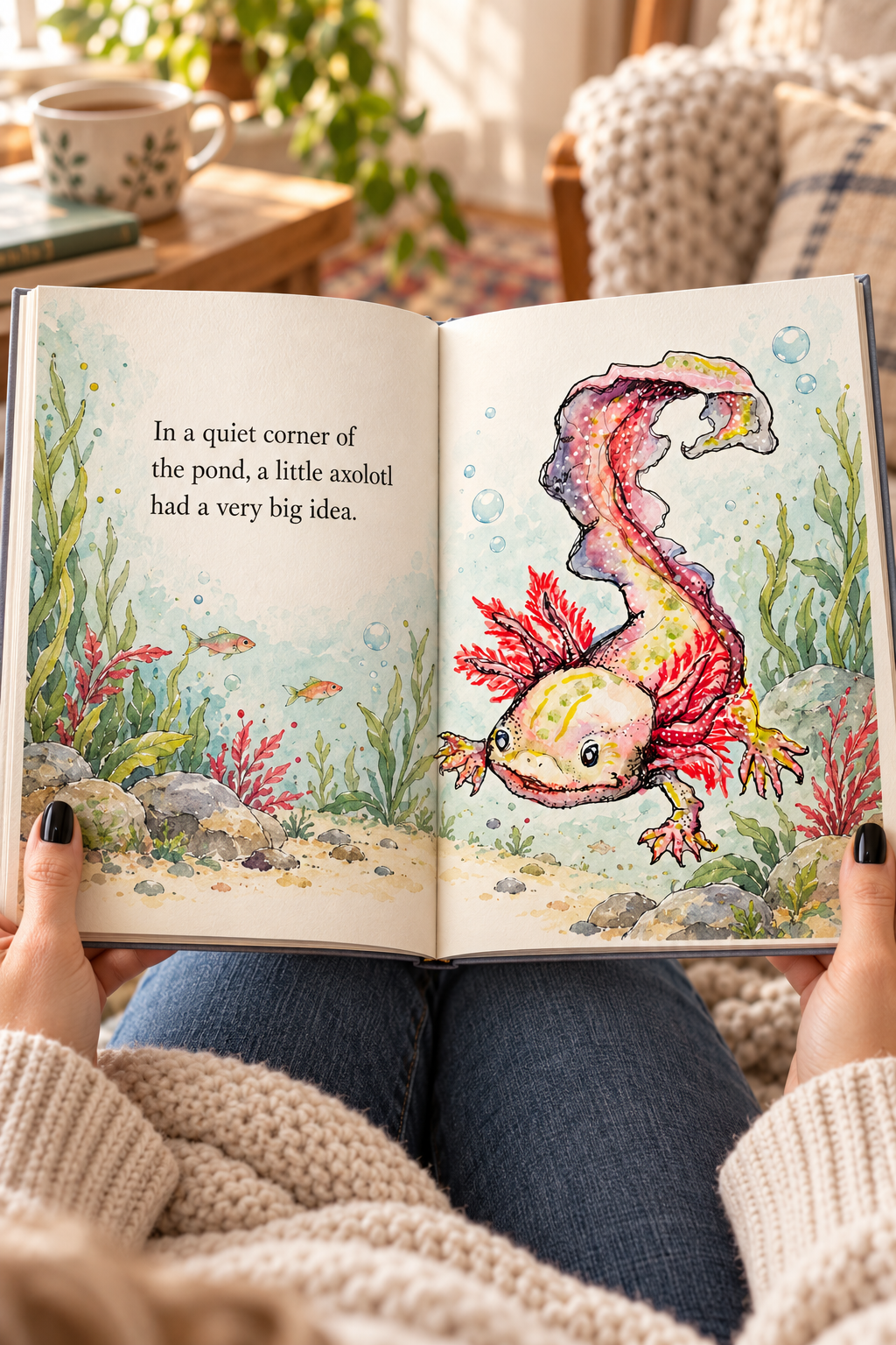 Open children's book with colorful underwater original hand-painted watercolor illustration of a baby axolotl, surrounded by aquatic plants, rocks, and small fish, with text about the axolotl's big idea.