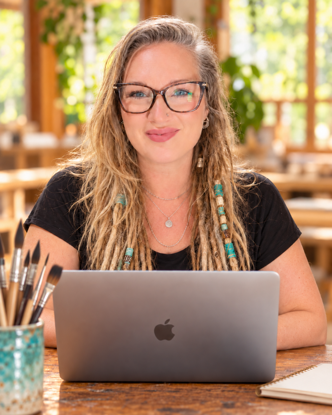Kari du Plessis with long, curly hair, partial dreadlocks and glasses sitting at a wooden desk with a silver MacBook, among art supplies in a bright room with large windows and green plants.
