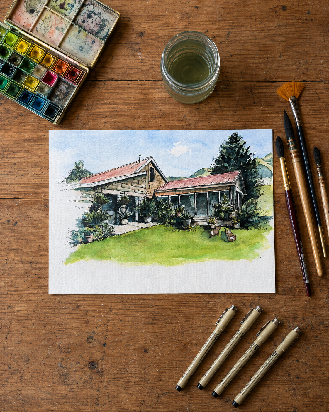 Watercolor painting of a house with a red roof, surrounded by trees and plants on a grassy landscape, with art supplies including brushes, pens, watercolor palette, and water jar on a wooden table.