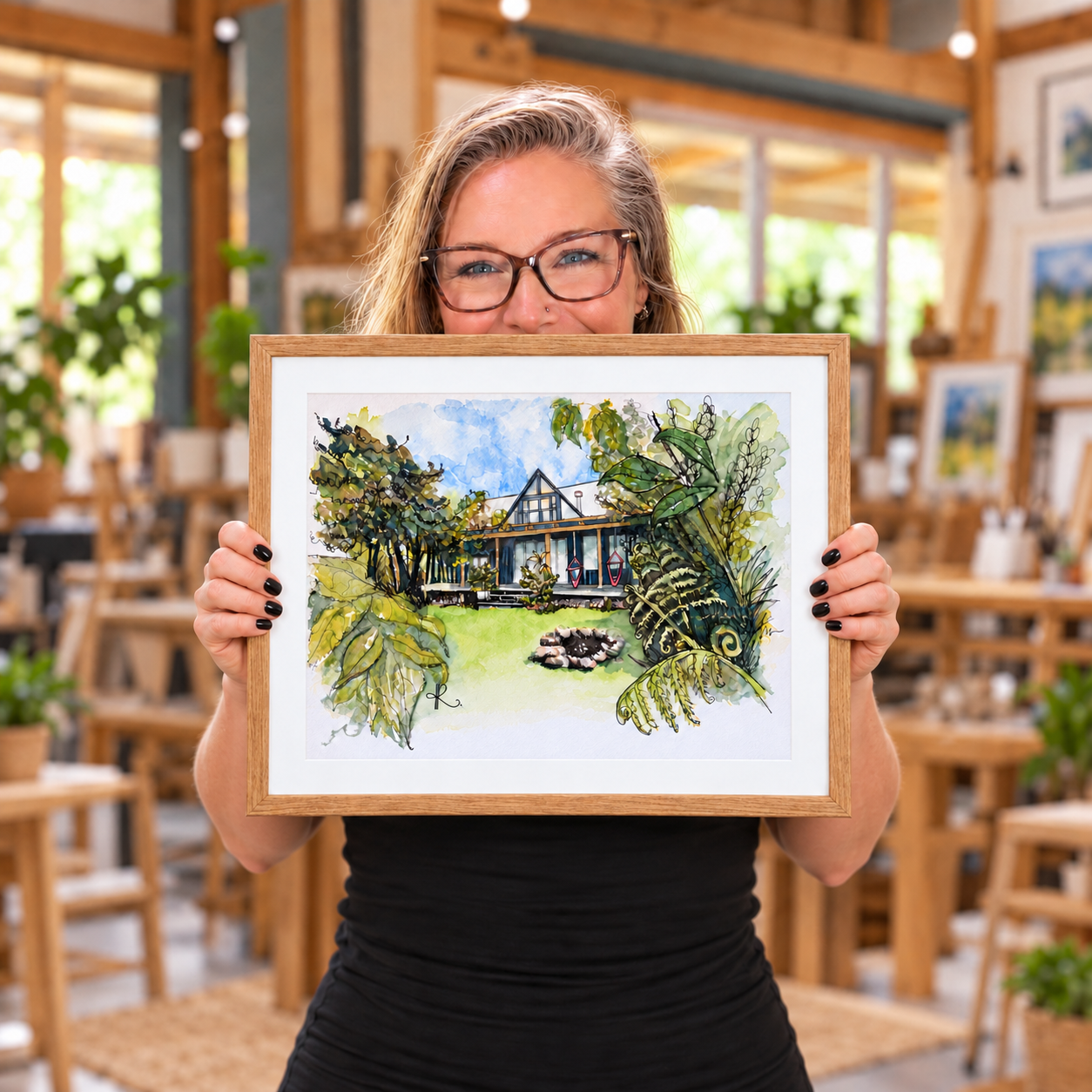 A woman with glasses and black hair holding a framed watercolor painting of a house surrounded by greenery, inside an art gallery or studio.