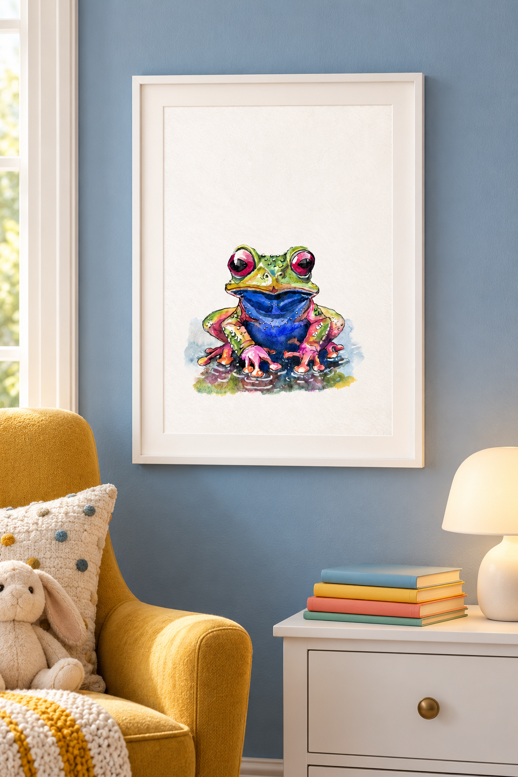Hand-painted, colorful watercolor painting of a frog with large pink and black eyes, sitting on a patch of grass, displayed on a wall in a cozy room with blue walls.