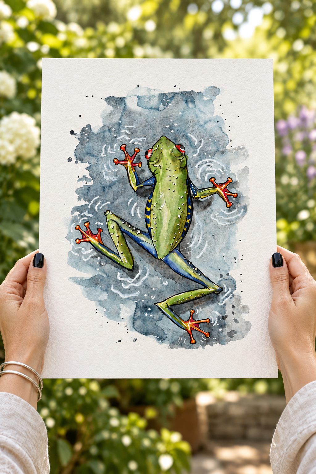 A hand-painted,  original watercolor painting of a green and blue frog with red toes, floating in water with ripples