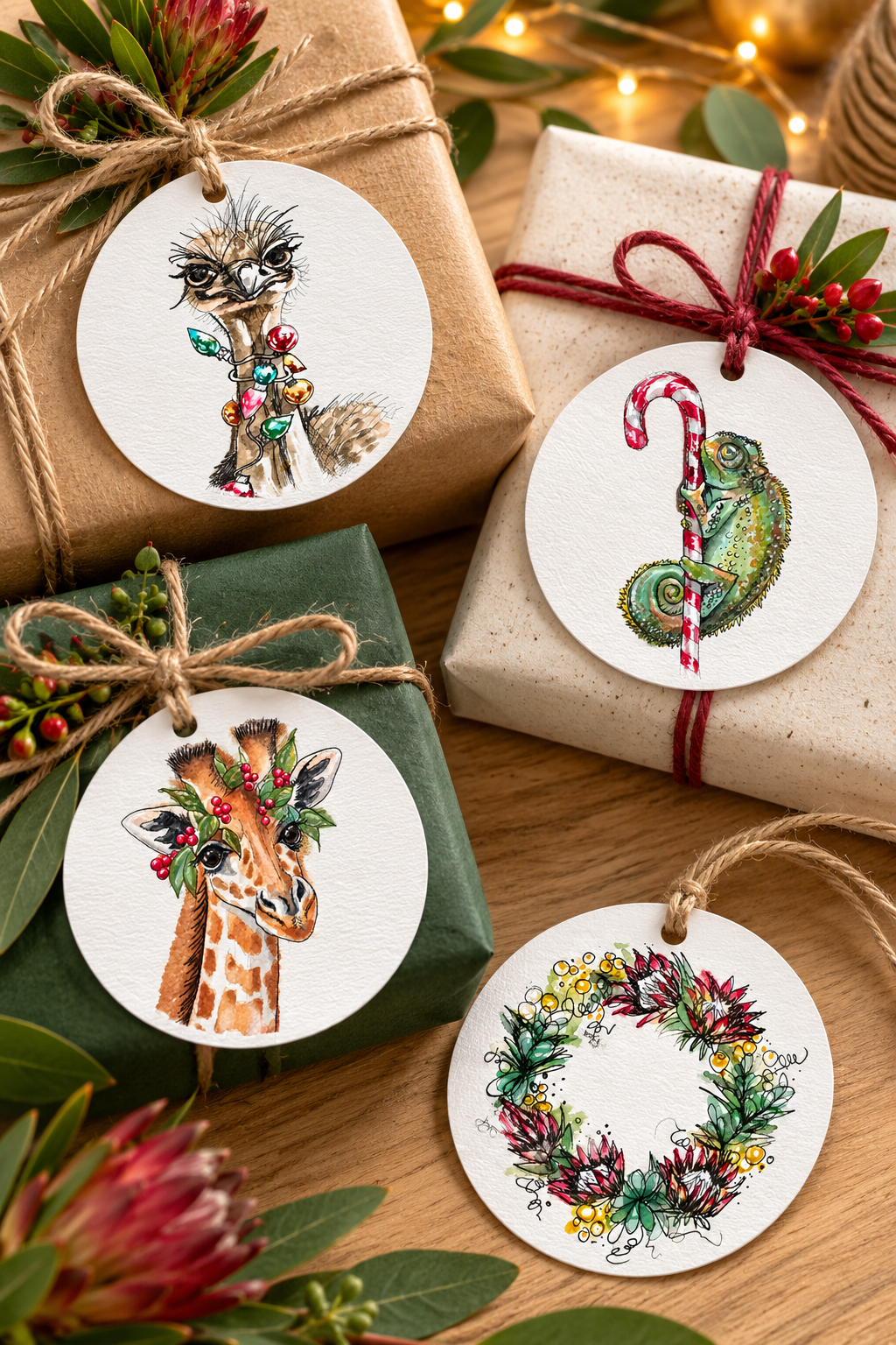 Set of four Christmas gift tags with hand-painted, original watercolor animal illustrations: an ostrich, a chameleon, a giraffe, and a protea wreath, all decorated with festive elements, attached to wrapped presents on a wooden surface with greenery.