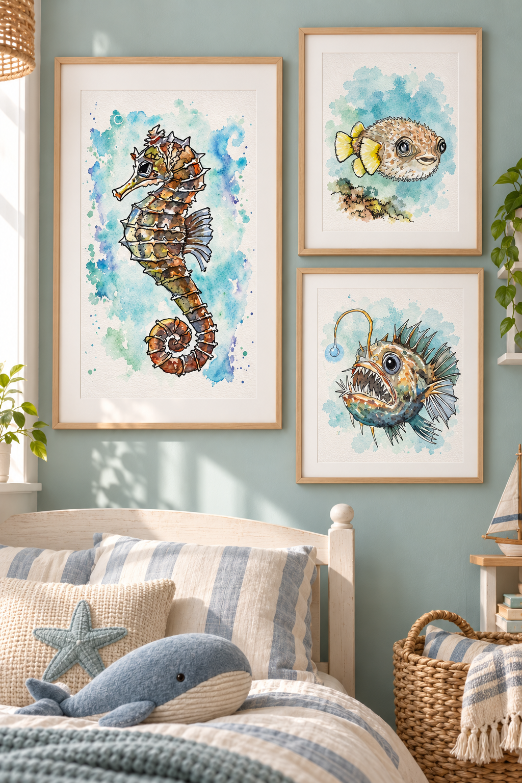 Three hand-painted, framed watercolor paintings of sea creatures on a light green wall in a coastal-themed kids bedroom. The artworks depict a seahorse, a pufferfish, and a mung fish all with vibrant colors and expressive detail.