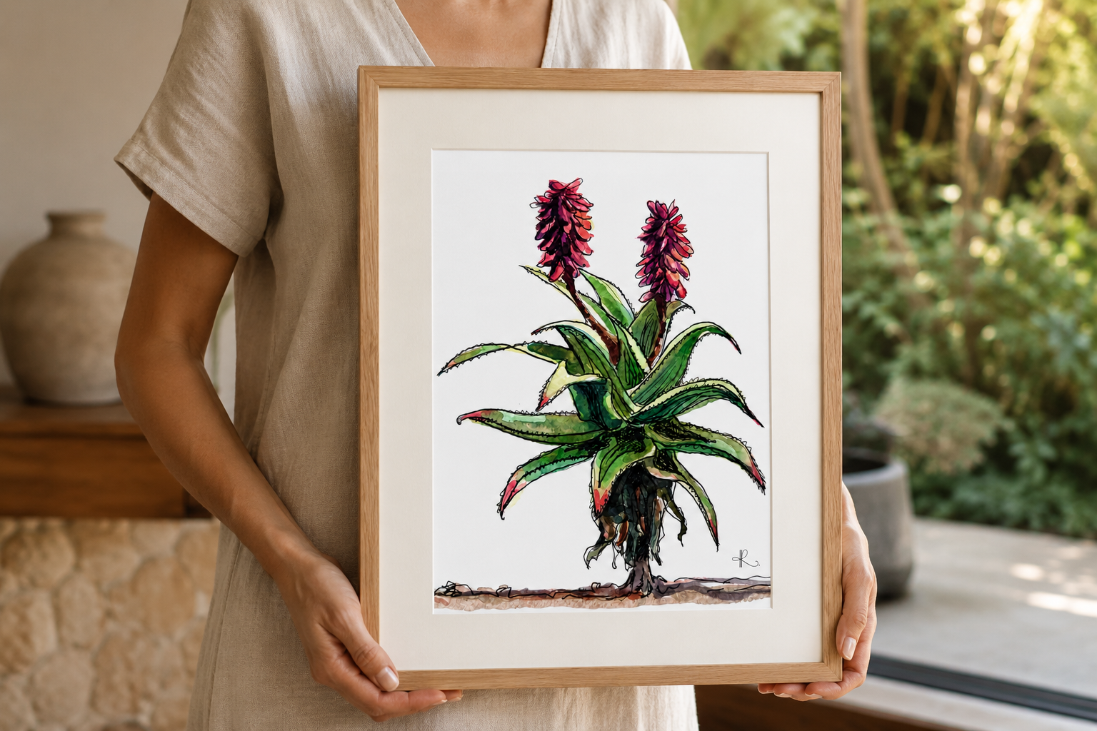 Person in beige shirt holding a framed hand-painted original watercolor painting of an aloe plant with green leaves and purple-pink flowers.