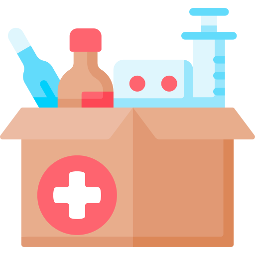 A cardboard box with a medical cross symbol, containing various medication bottles and pills.
