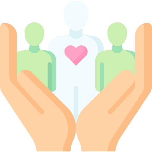 Illustration of hands holding three human figures with the middle figure having a pink heart on its chest, symbolizing care or support.