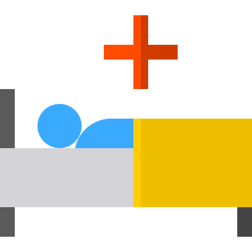Simplified medical illustration of a person lying in a hospital bed with a red cross overhead.