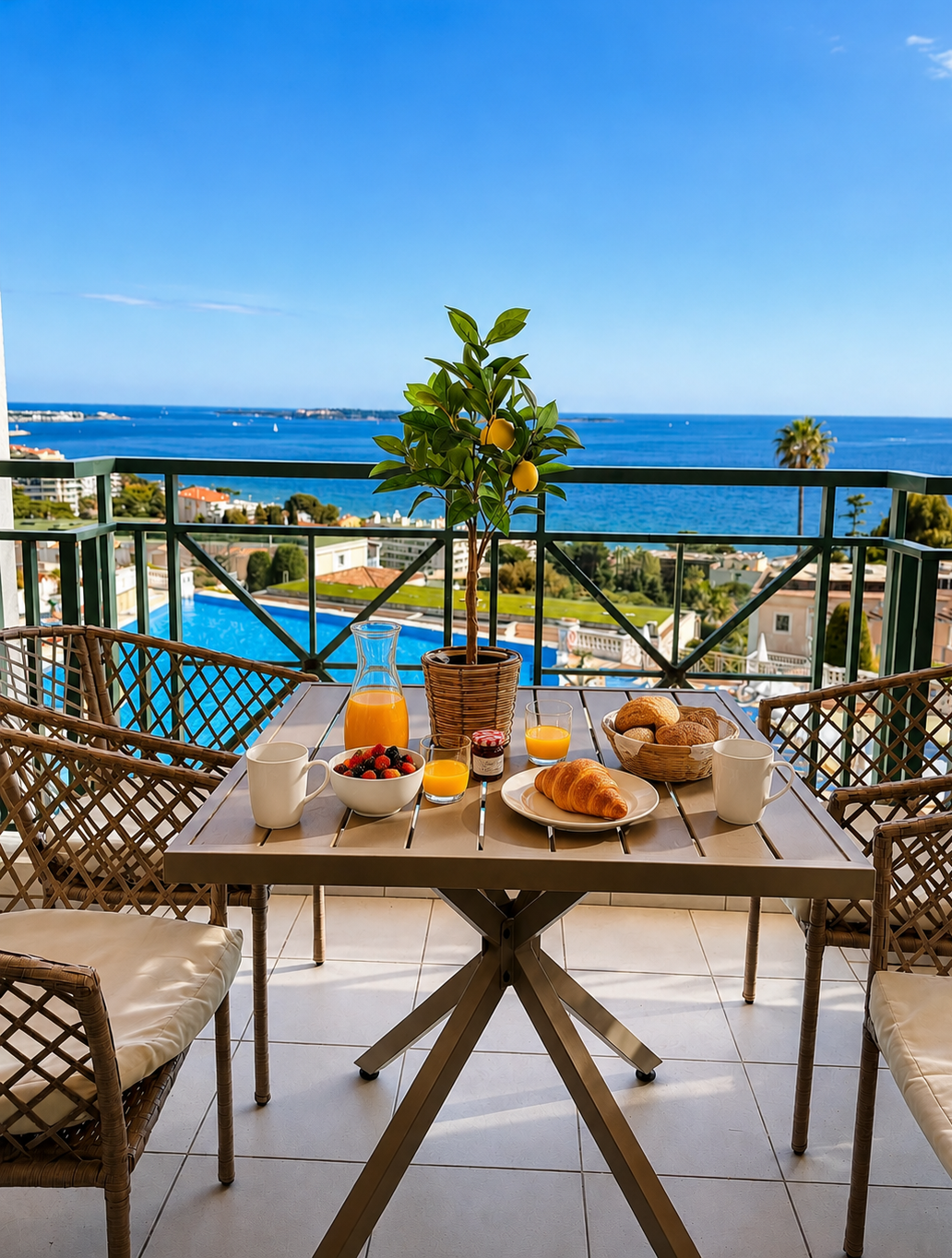 Petit déjeuner avec croissants, fruits, jus d'orange, café, sur une terrasse avec vue sur la mer Méditerranée.