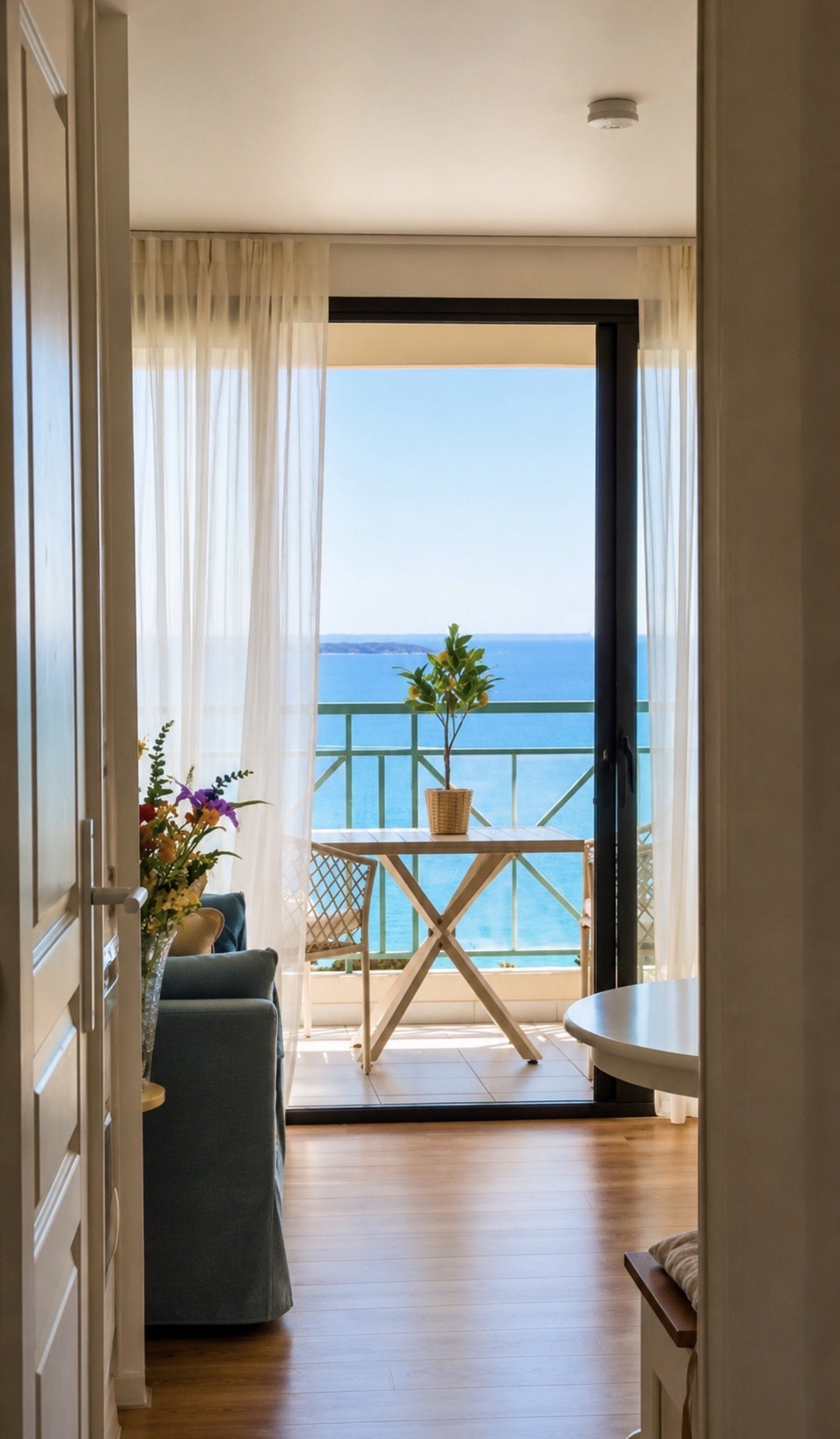 Vue d'un balcon avec vue sur la mer, une table en bois avec une plante en pot, rideaux blancs, intérieur d'appartement avec fauteuil et table ronde.