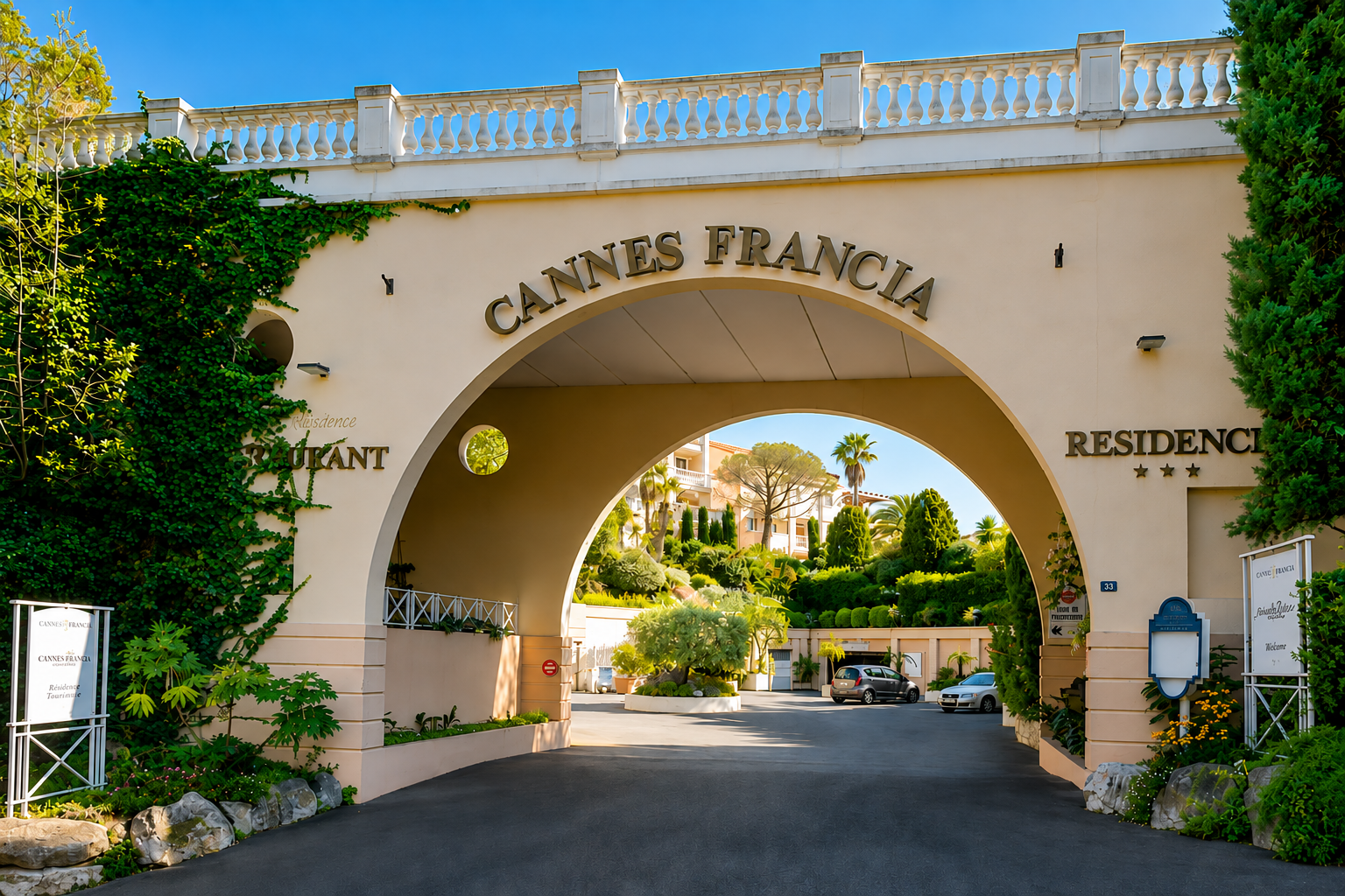 Entrée d'une résidence nommée Cannes Fraccia, avec un grand arc, signatures en métal doré, entouré de végétation luxuriante et de voitures garées dans une allée