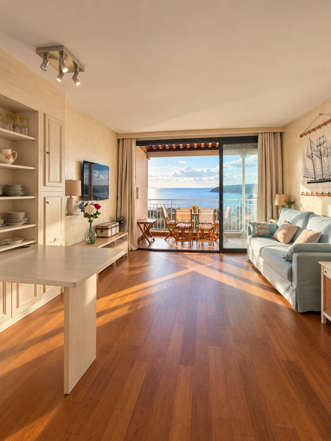 Salon avec vue sur la mer, comprenant un canapé, une table avec des chaises sur le balcon, un mur avec une décoration de navire en bois, et une grande fenêtre offrant une vue panoramique sur l'océan et le ciel.