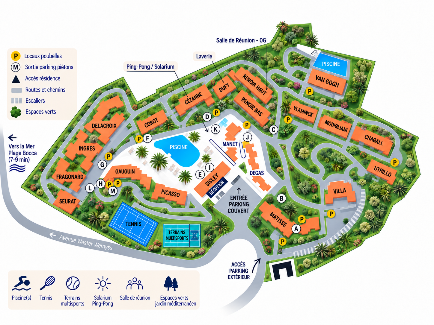Plan du camping avec emplacements pour logements, piscine, terrains multisports, tennis, et diverses zones et bâtiments nommés.