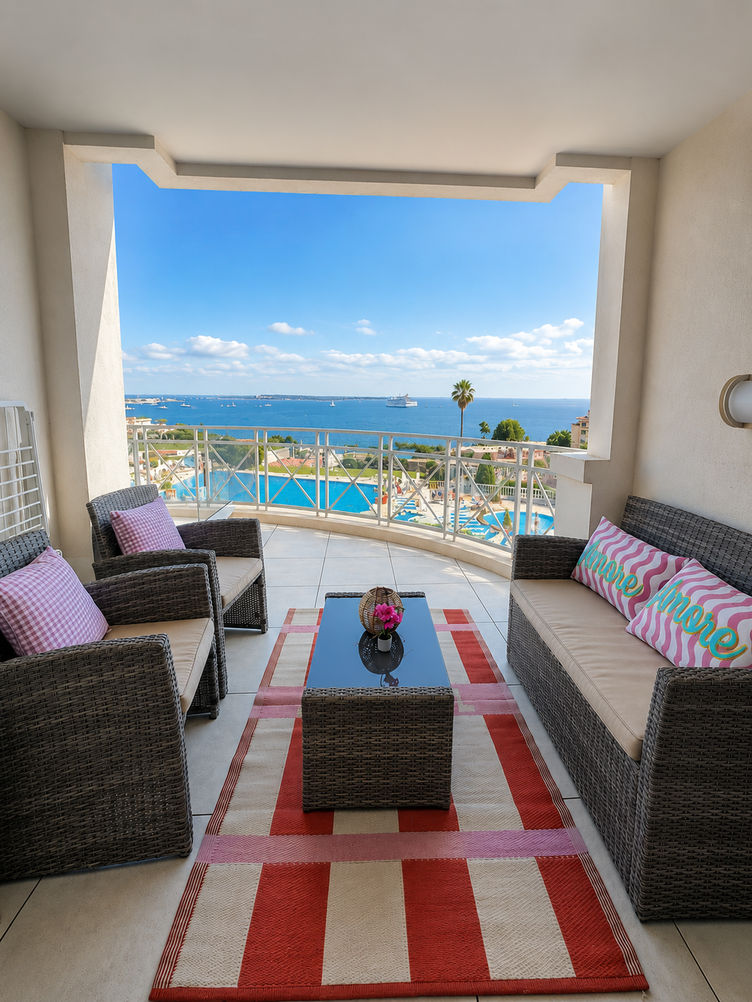 Balcon avec canapé, fauteuils et table, vue sur mer avec un palmier, piscine et bateau, ciel bleu avec nuages, plage en arrière-plan