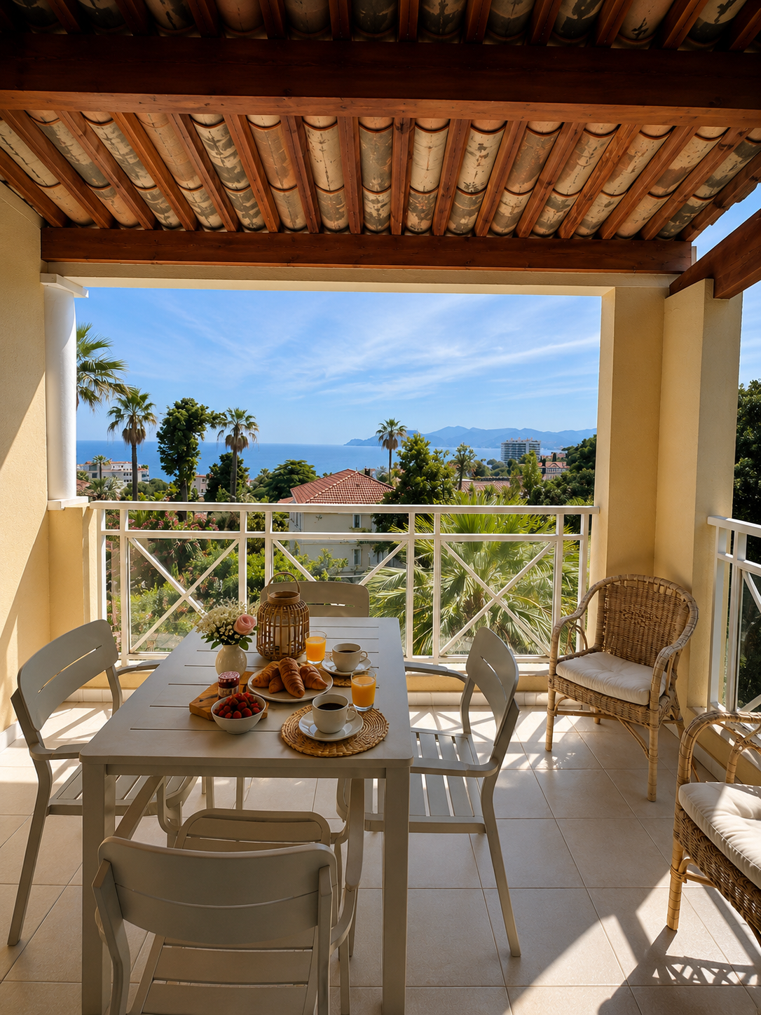 Balcon avec une table pour le petit déjeuner, vue sur la mer, palmiers et montagnes en arrière-plan, ciel bleu, mobilier en rotin, chaises blanches et tressées, petit-déjeuner avec croissants, fruits rouges, café et jus d'orange.
