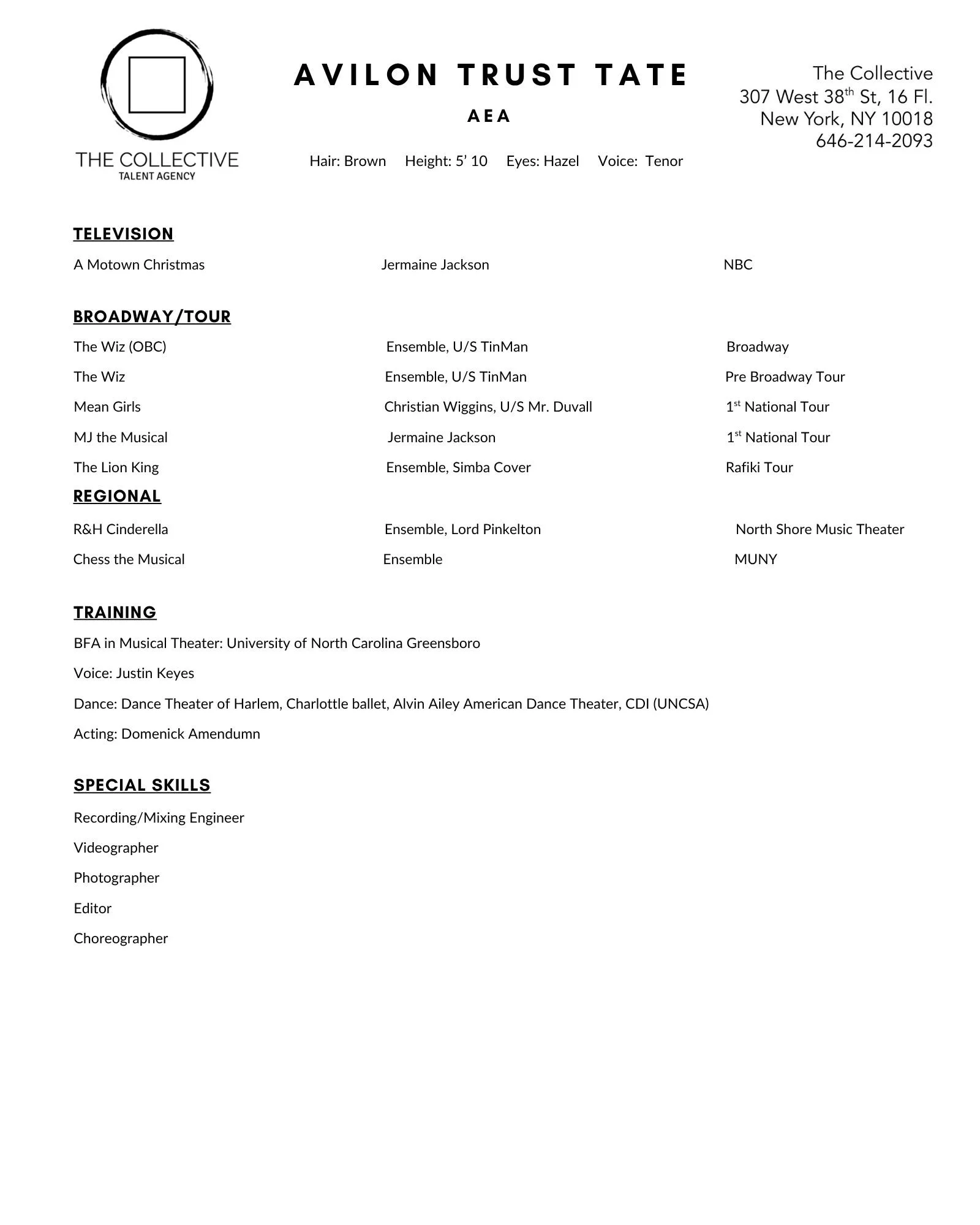 A resume featuring contact information, a list of performances and roles, training, and special skills, with a logo at the top left corner.