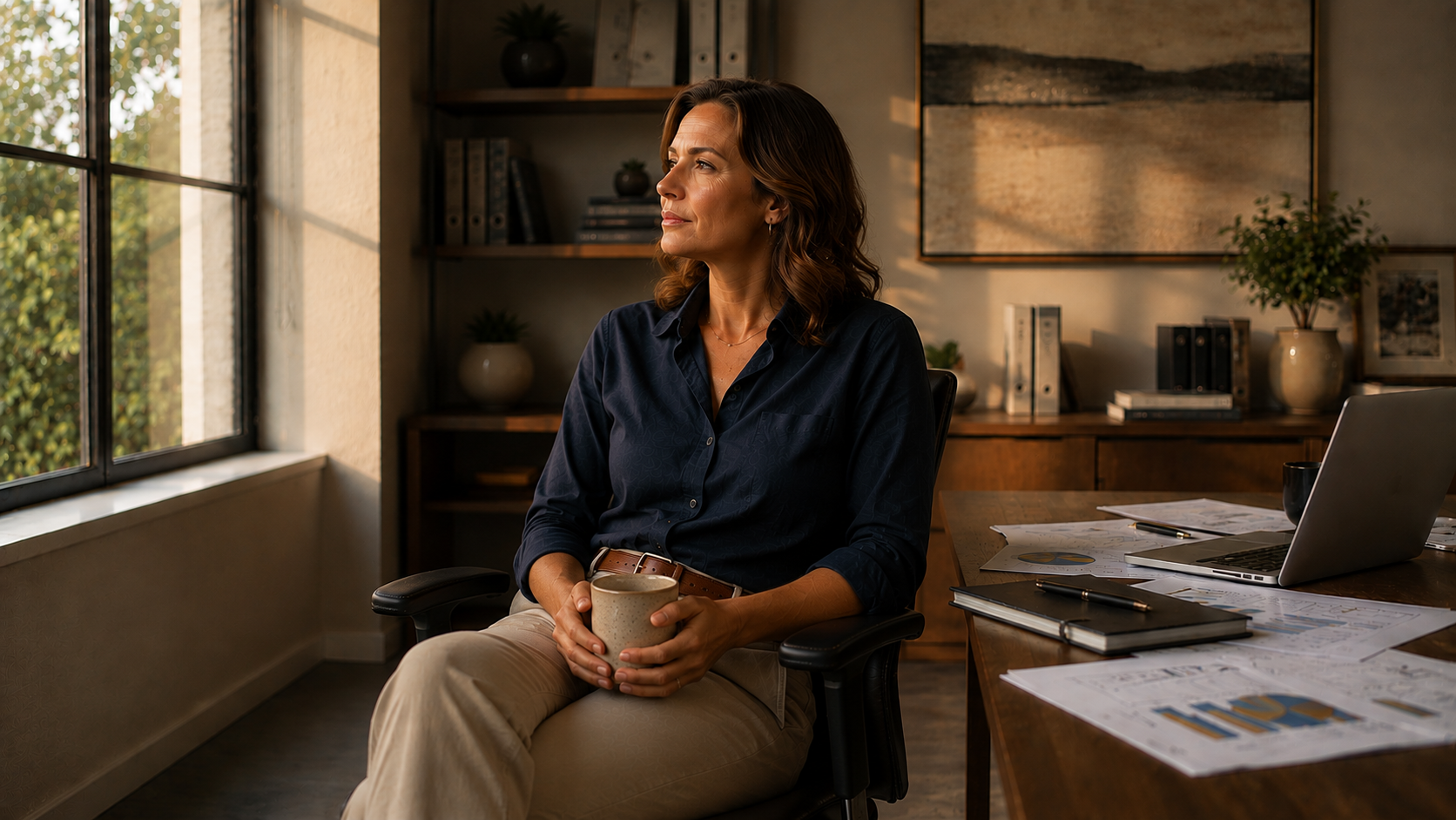 Business owner reflecting on her finances and next steps while sitting in her office.