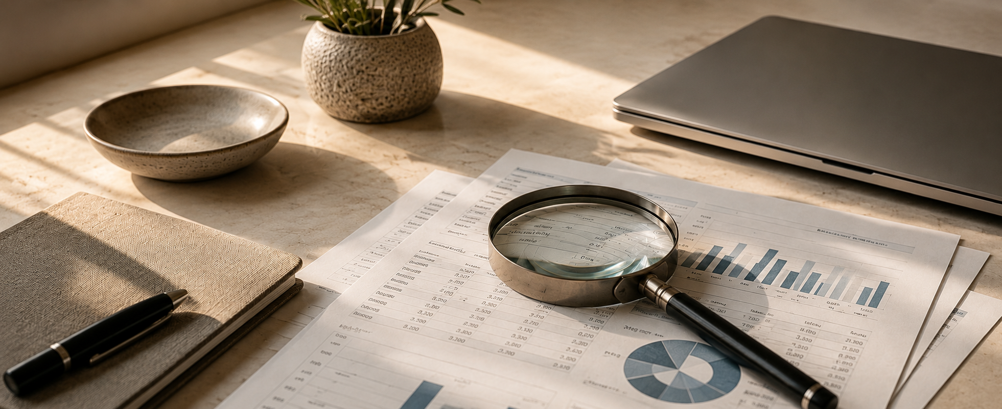 Financial reports and business documents arranged on a desk for review.