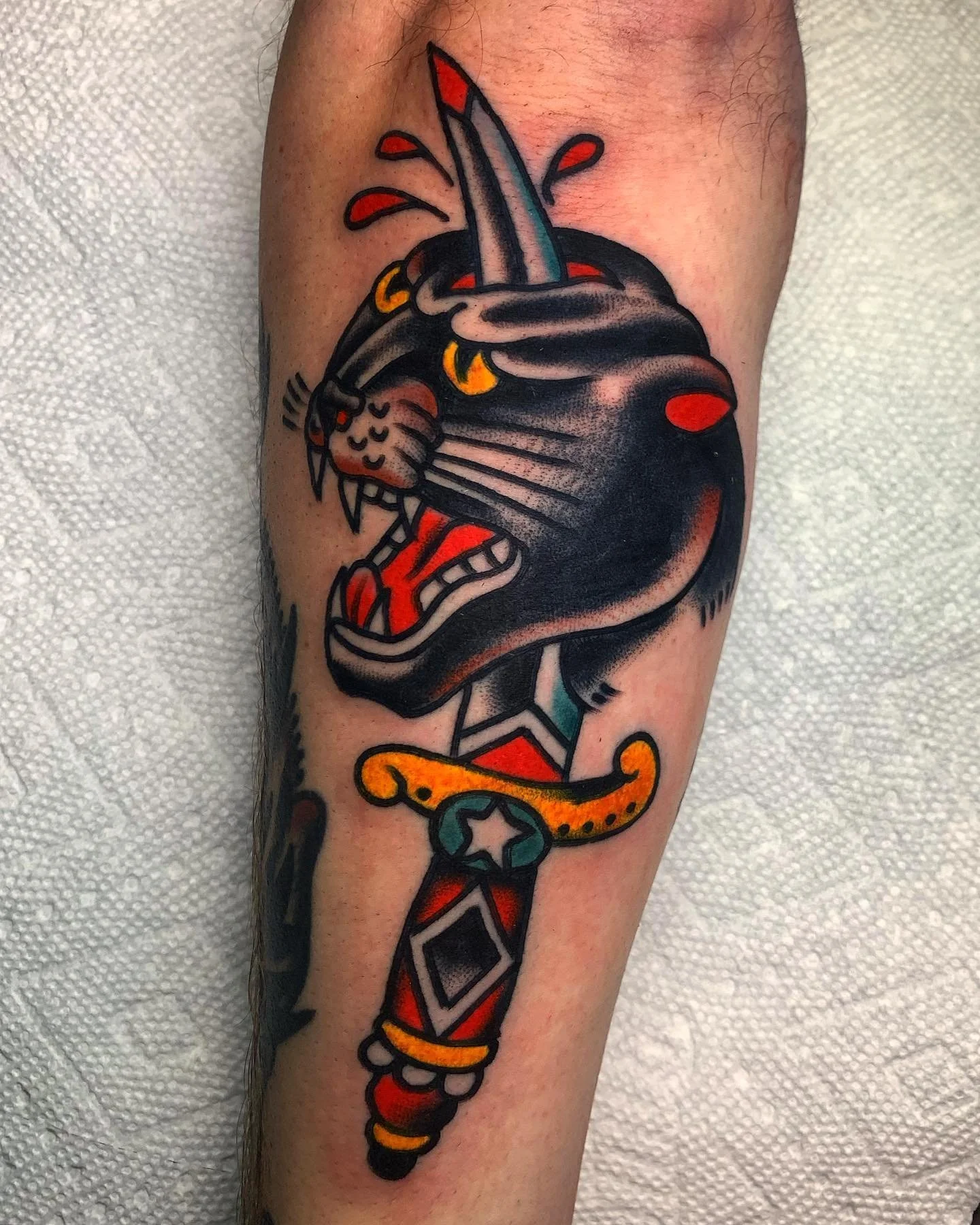 Traditional style tattoo of a dagger with a snake wrapped around it on a person's arm.