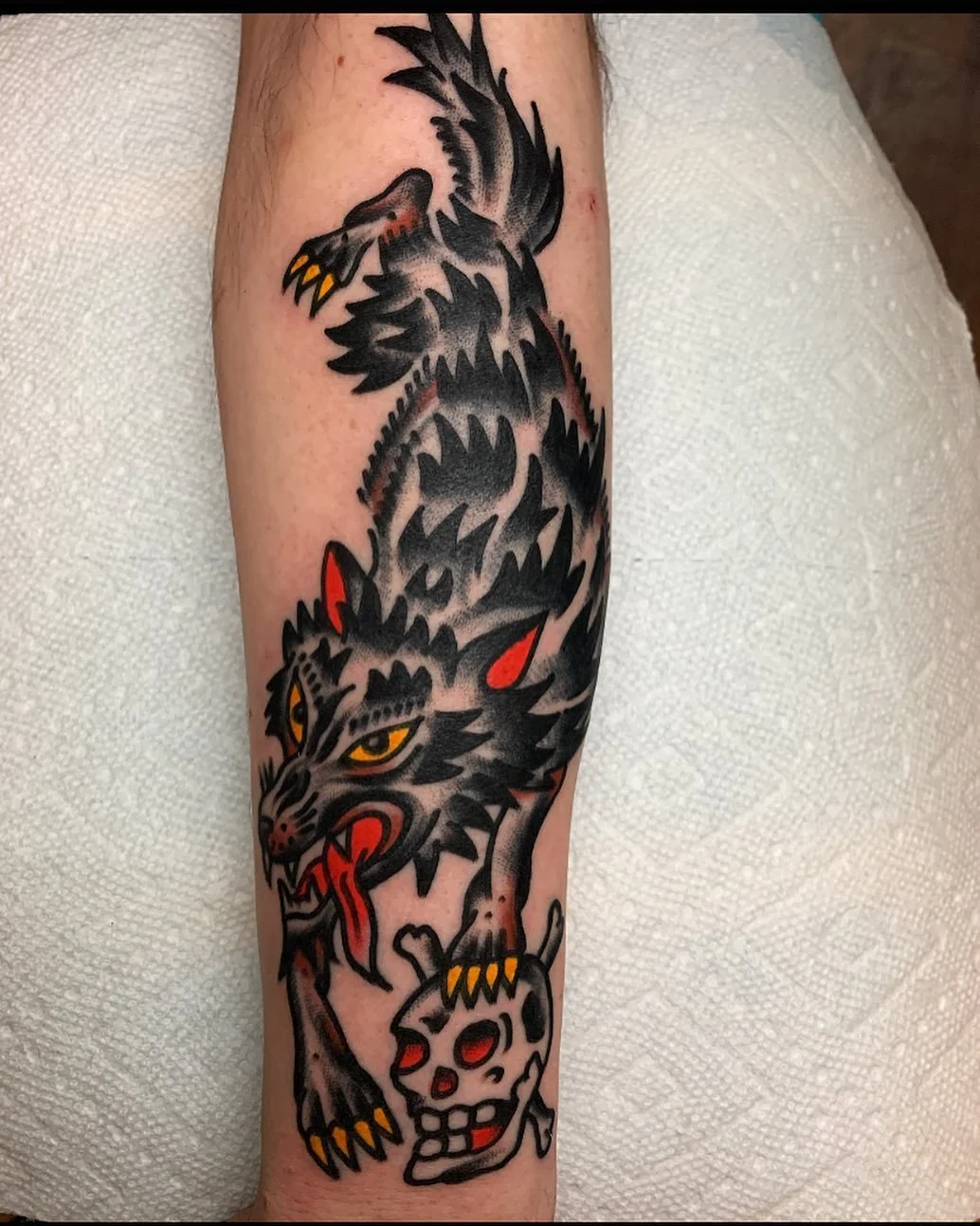 A colorful tattoo of a fierce black wolf with yellow eyes, sharp teeth, and red ears, standing atop a white skull with red accents on a person's forearm.
