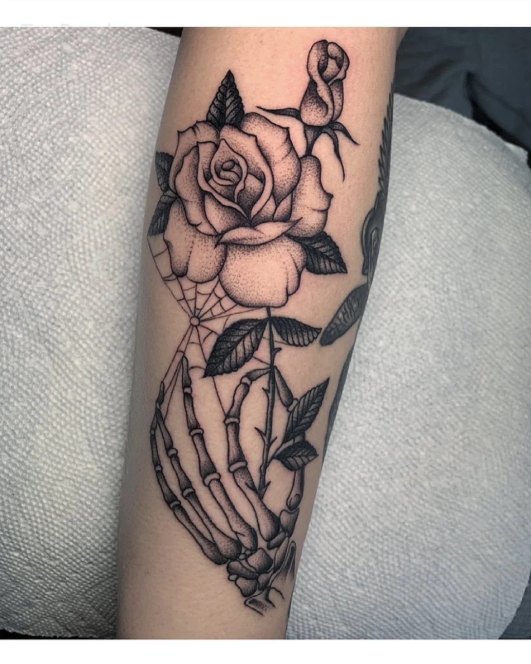 Black and gray tattoo of a rose with a skeleton hand holding the stem, with a spiderweb on one petal.