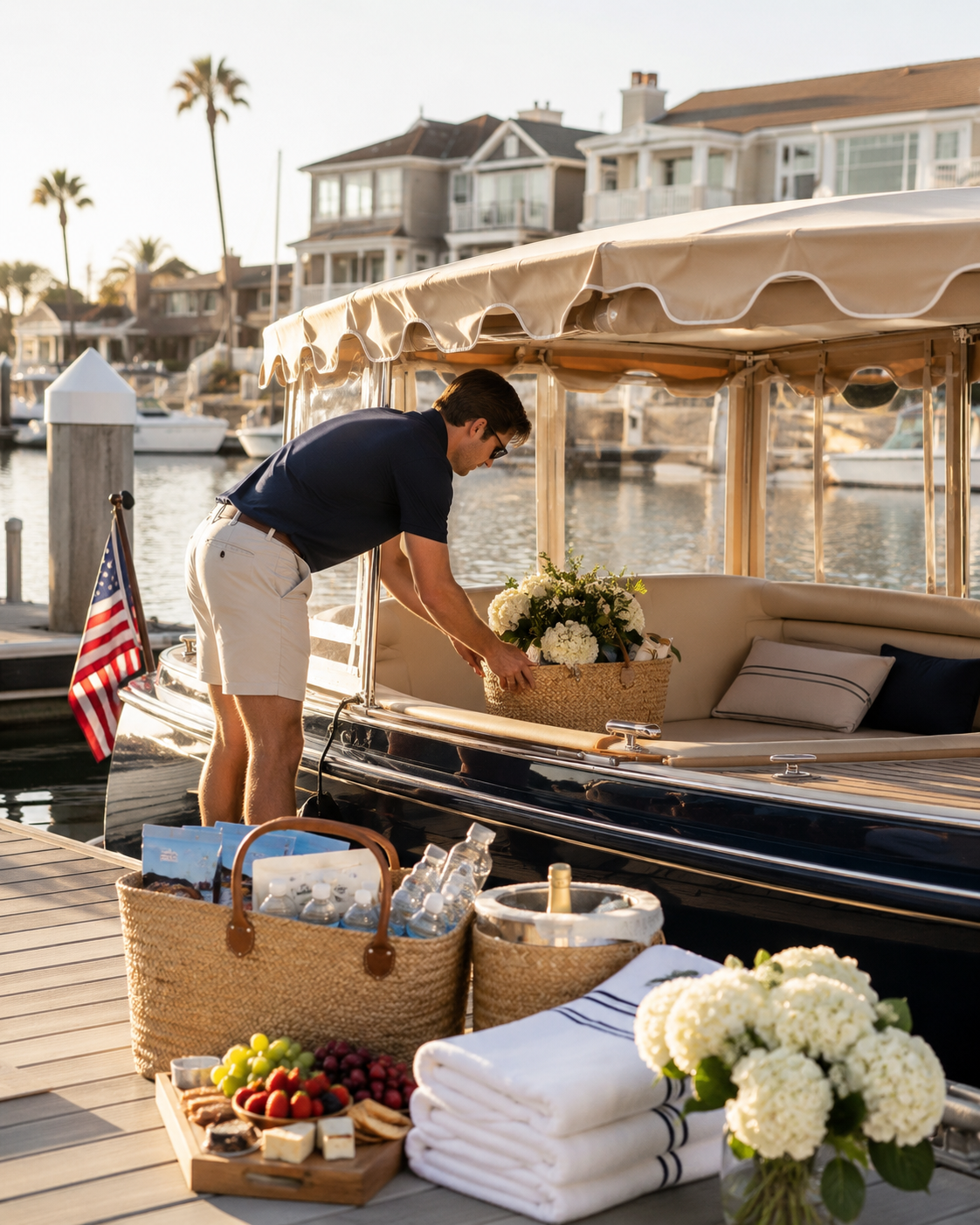A man arranging flowers on a boat docked at a marina with houses and palm trees in the background, a basket of water bottles, strawberries, and cheese on a table nearby.