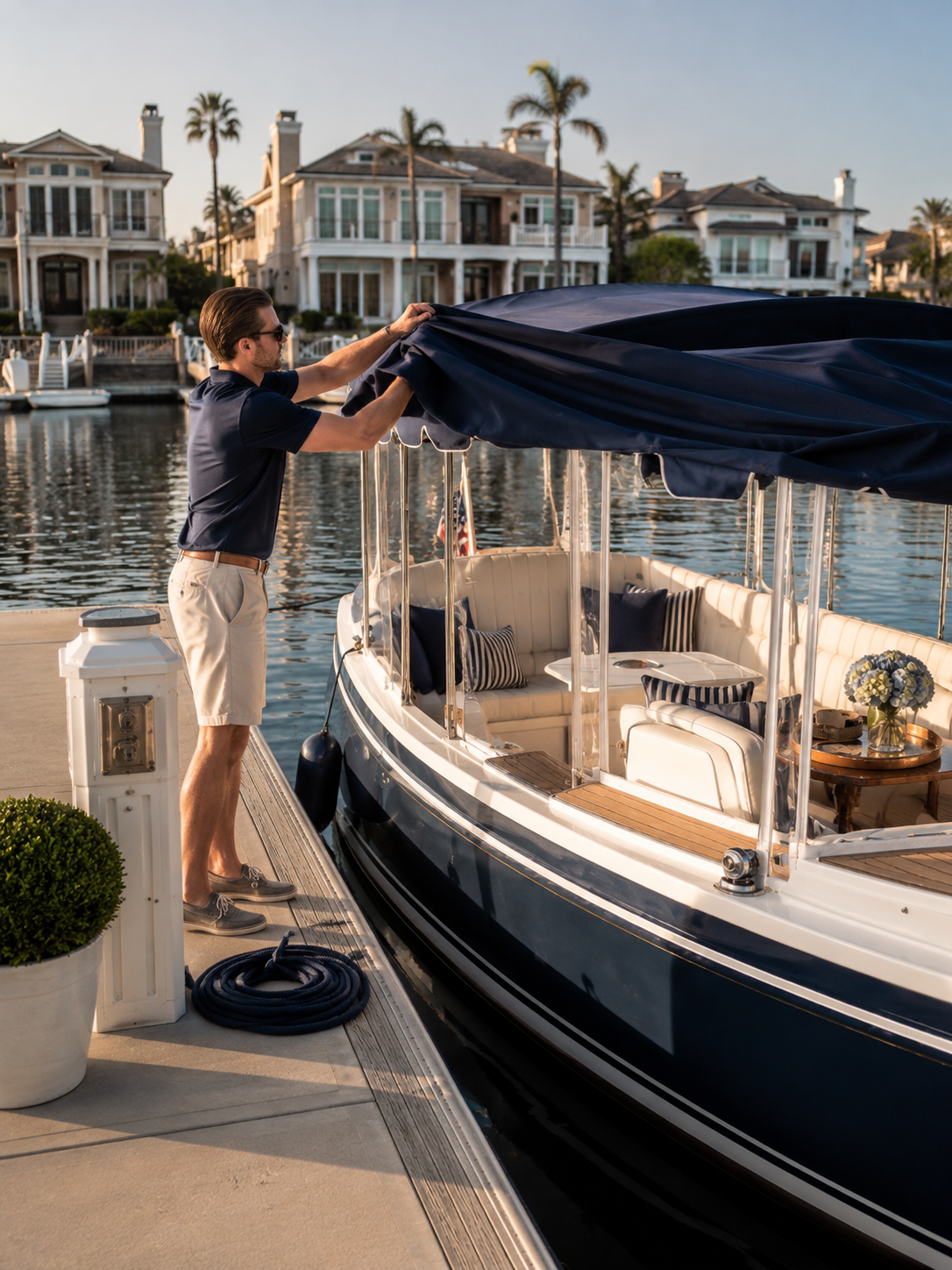 A man on a dock adjusting the cover of a boat at a waterfront with luxurious houses and palm trees in the background.