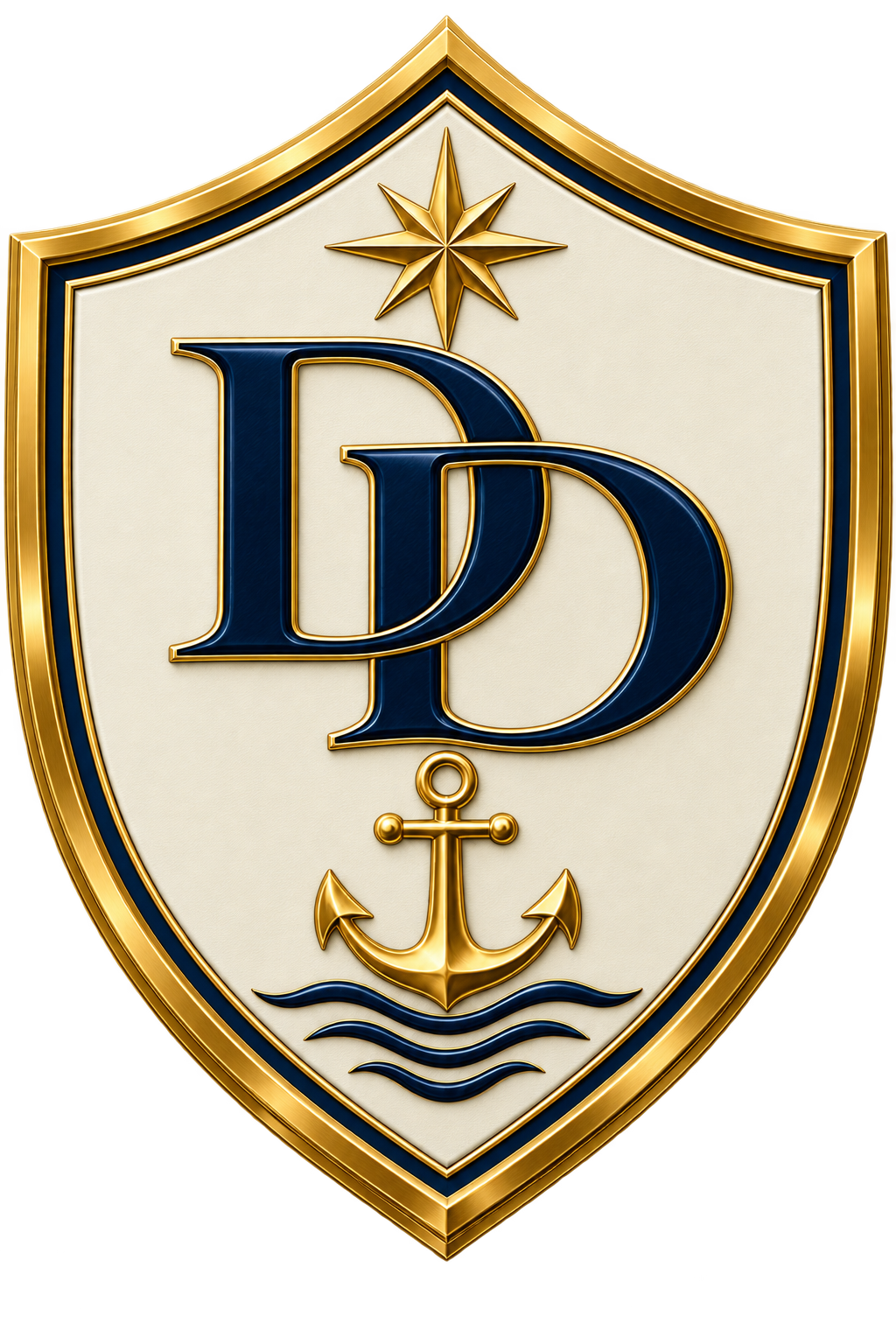 A shield-shaped emblem with a navy blue letter "D" and a smaller overlapping navy blue letter "D" in the center. Above the letters is a gold star, and below is an gold anchor with three wavy blue lines underneath. The shield has a gold border with a navy blue inner outline.