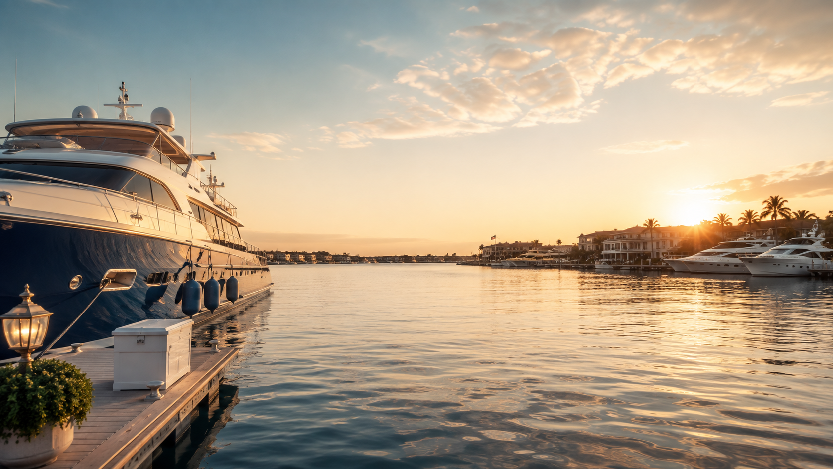 Yachts docked along a marina at sunset with sunlight reflecting on the water, palm trees, and waterfront houses in the background.