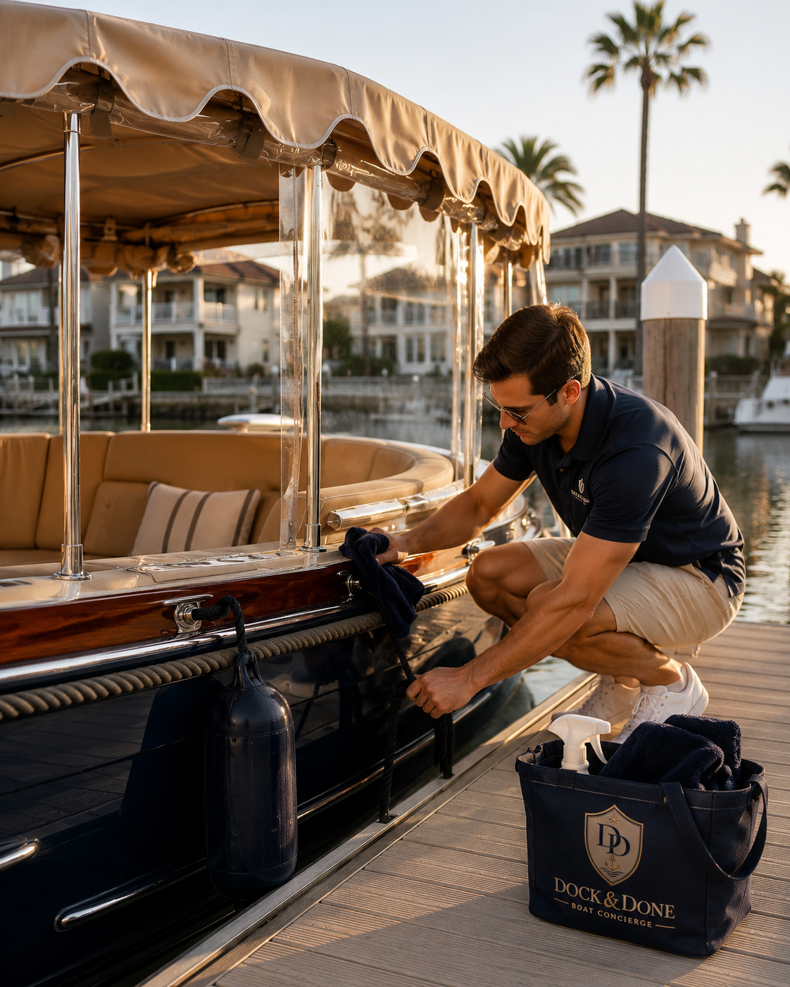 A man kneeling on a dock tying a boat to a cleat. He is wearing sunglasses, a navy shirt, beige shorts, and white sneakers. A black bag with a 'Dock & Done' logo sits nearby with cleaning supplies inside. The boat has a beige canopy, tan cushions, and is docked on calm water with houses and palm trees in the background during sunset.