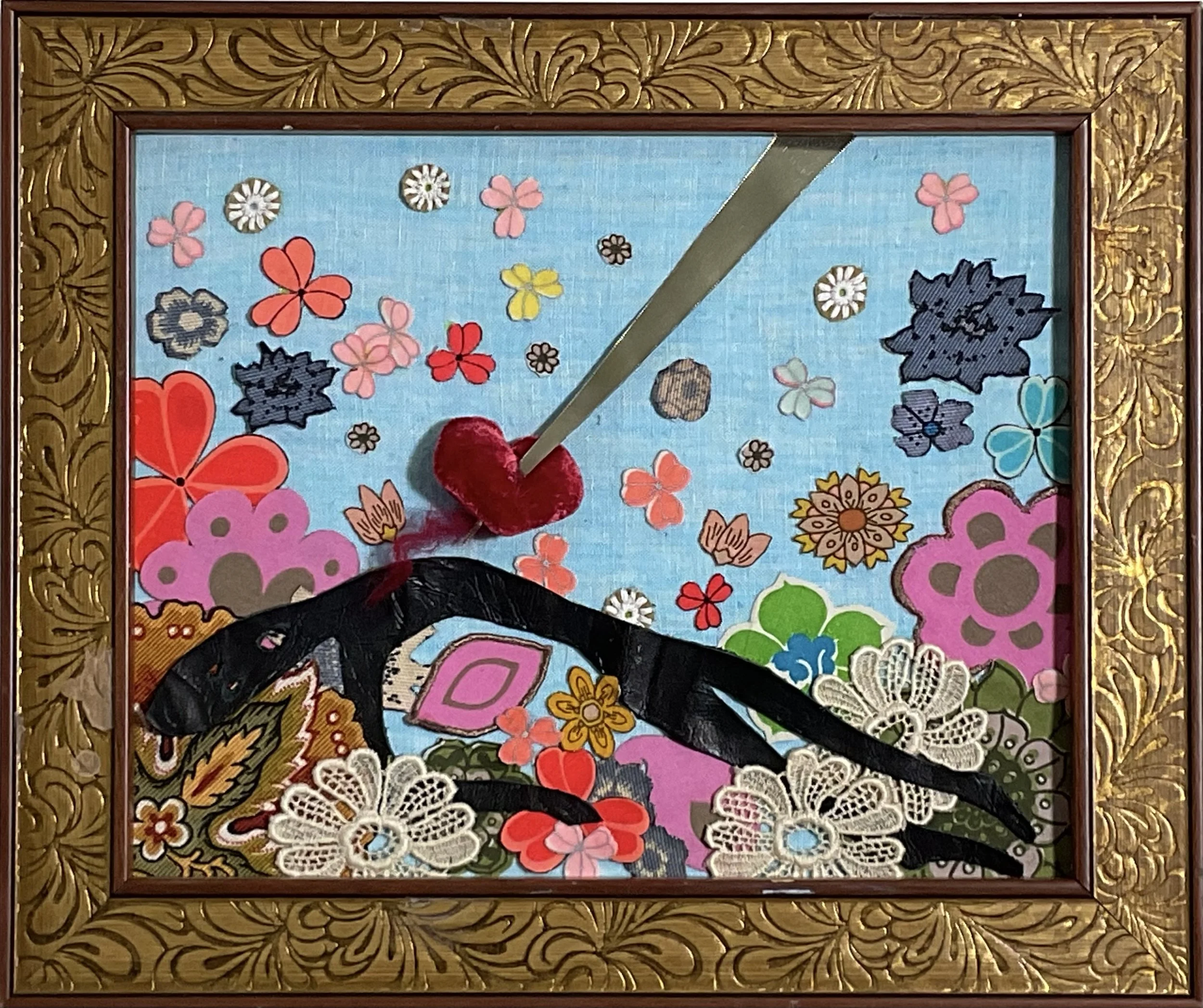 "Piercing of Heart" 2025, Recycled fabric, aluminum can on recycled frame.