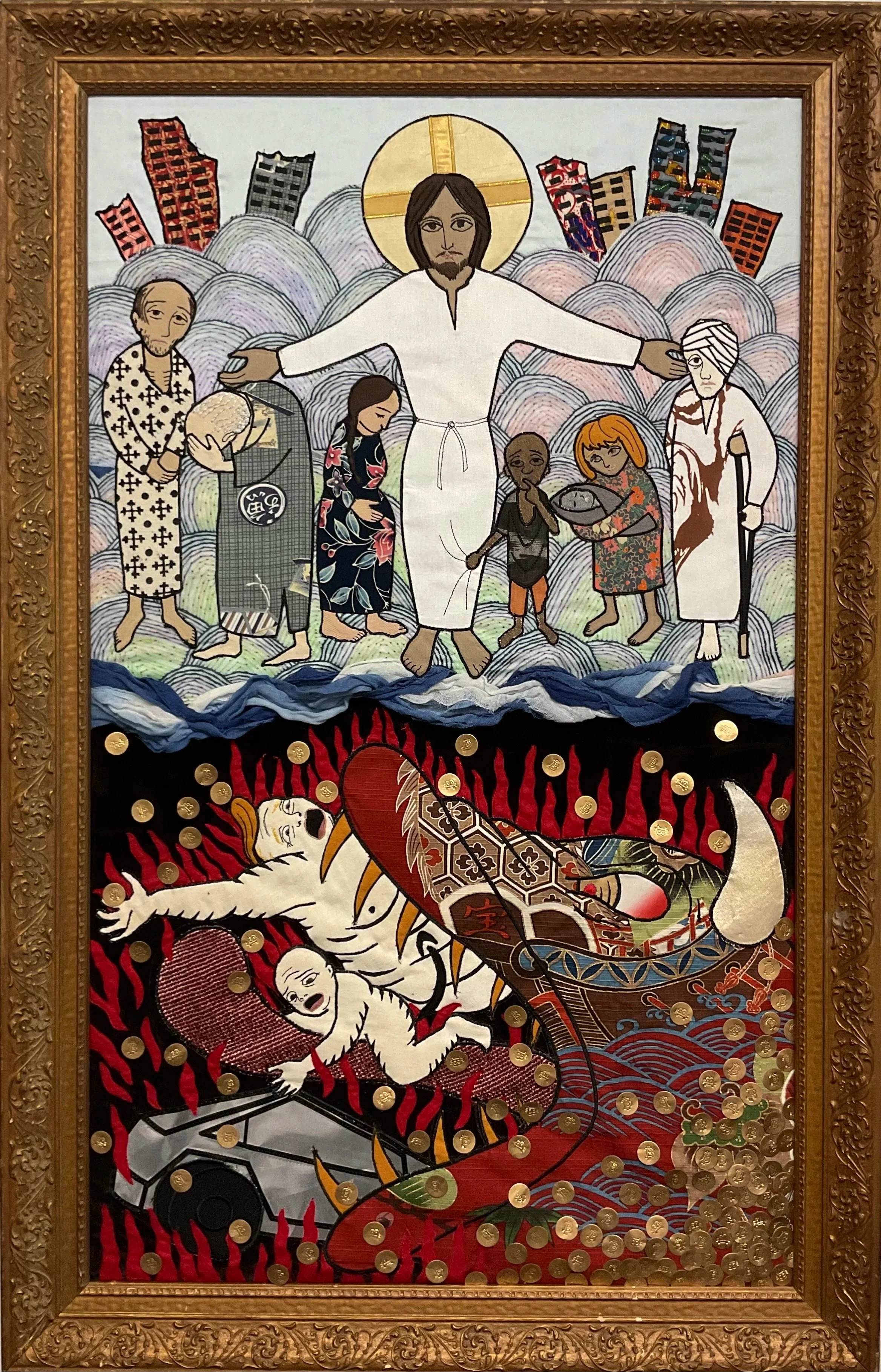 "Hell and Earth" 2026, 44.5" x 29". Recycled fabric and aluminum can mounted on recycled frame. Showing Christ's mercy and human greed.