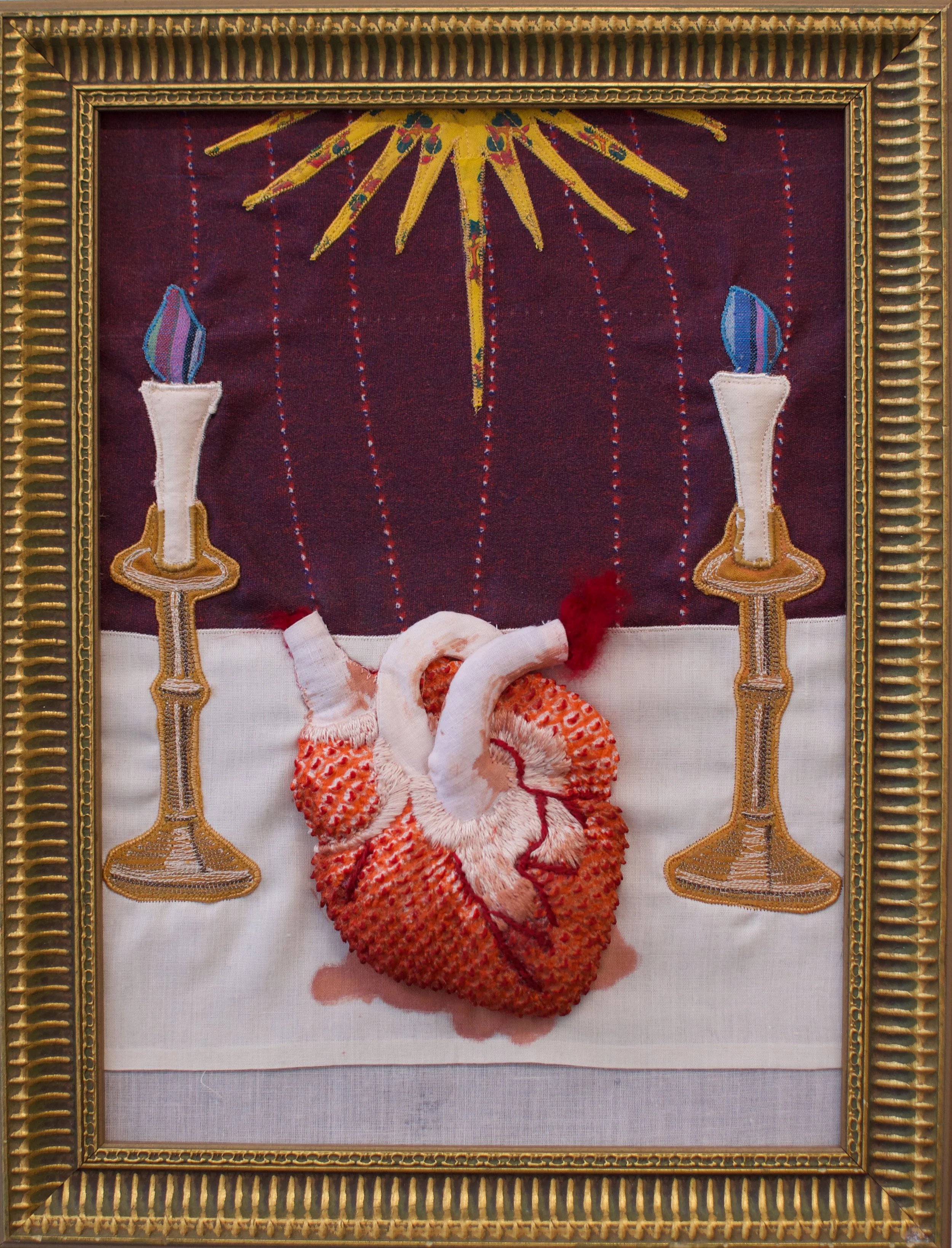 "Offering" 2025, 15" x 11.5", Recycled fabric, polyfill, yarn, on recycled frame.