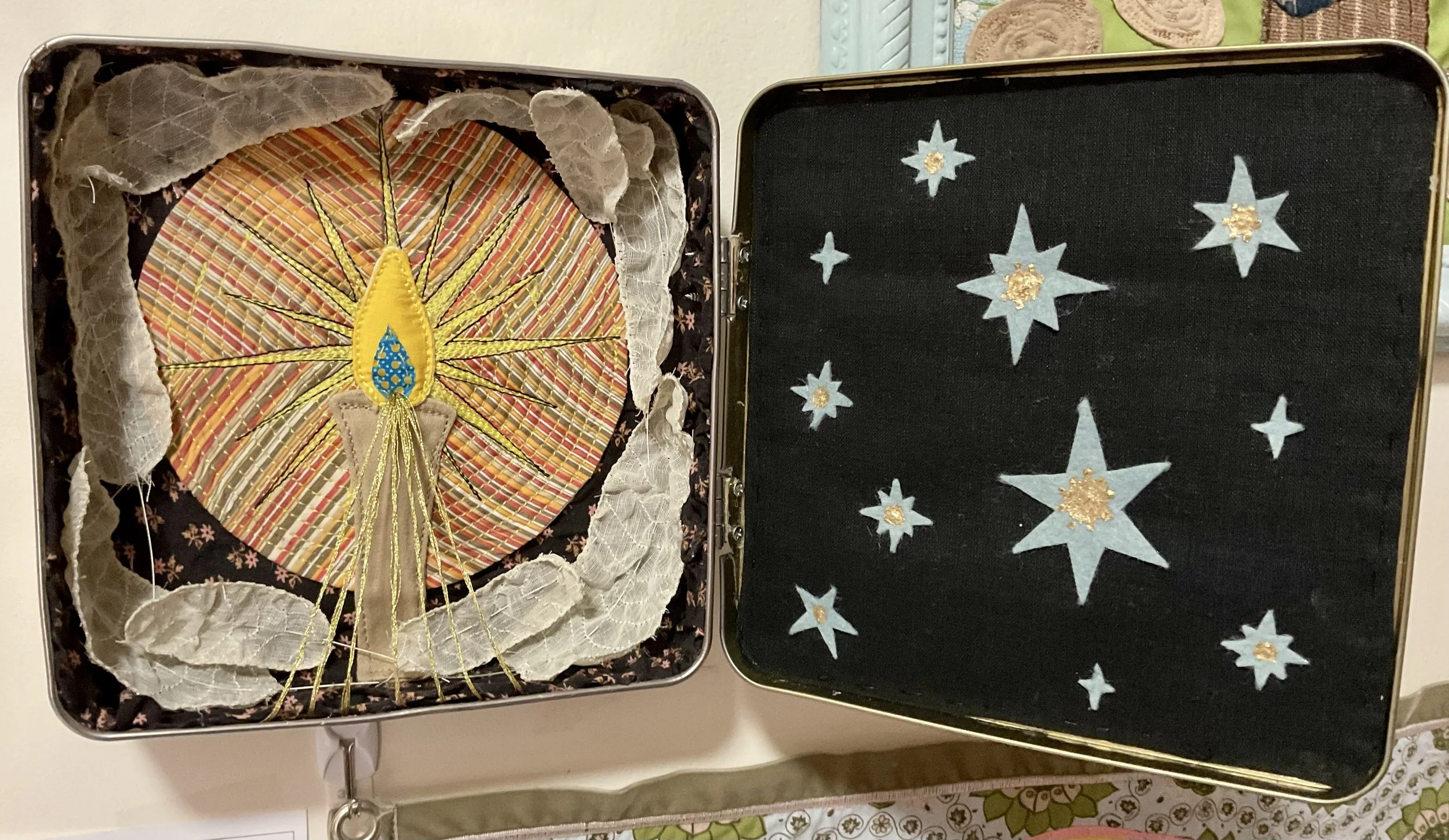 "Contemplation" 2023, 8" x 8" x 3". Recycled fabric in a tin can.