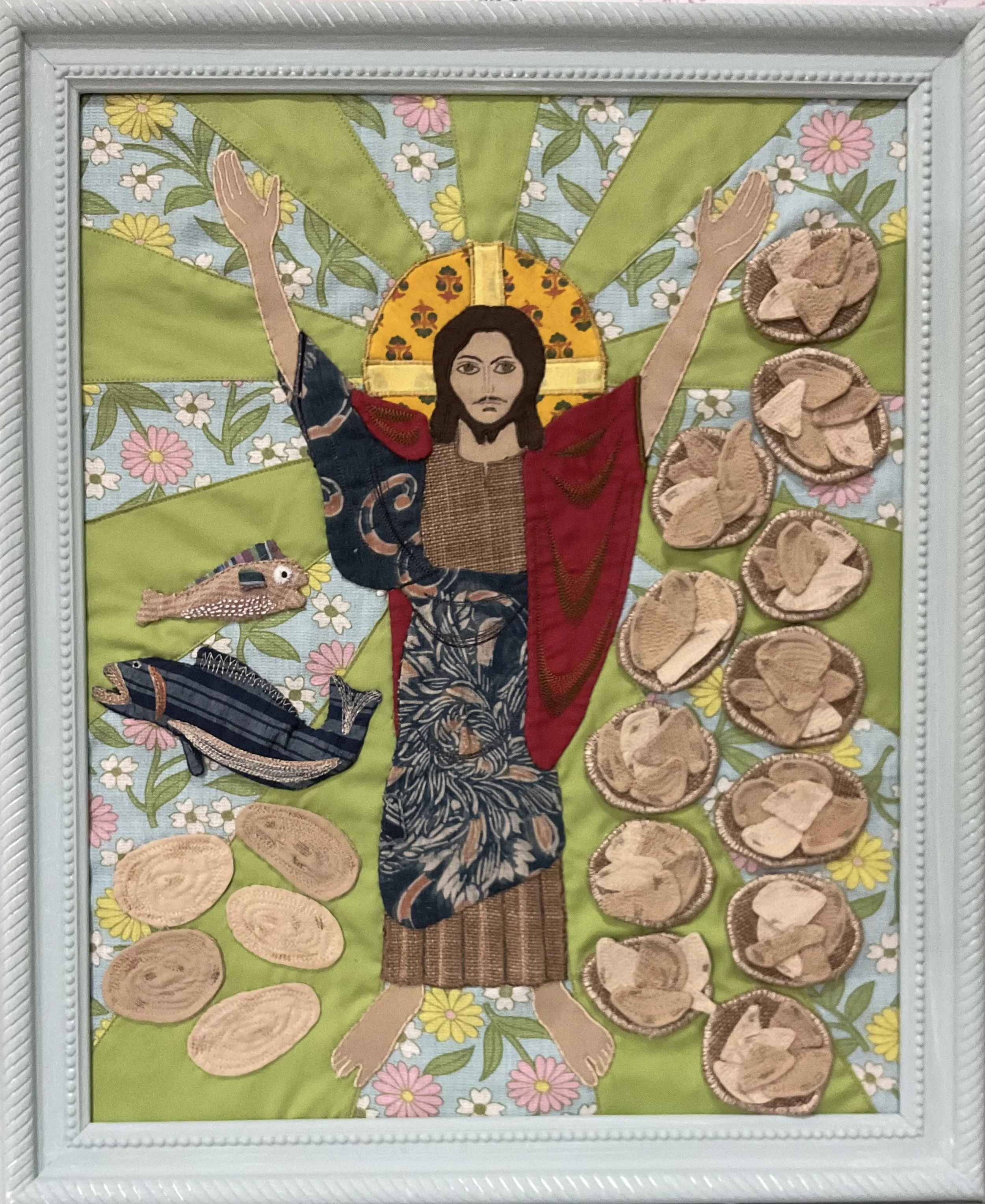 "Feeding of Multitude" 2025, 20" x 16.5", Recycled fabric, polyfill, embroidery floss mounted on recycled frame.