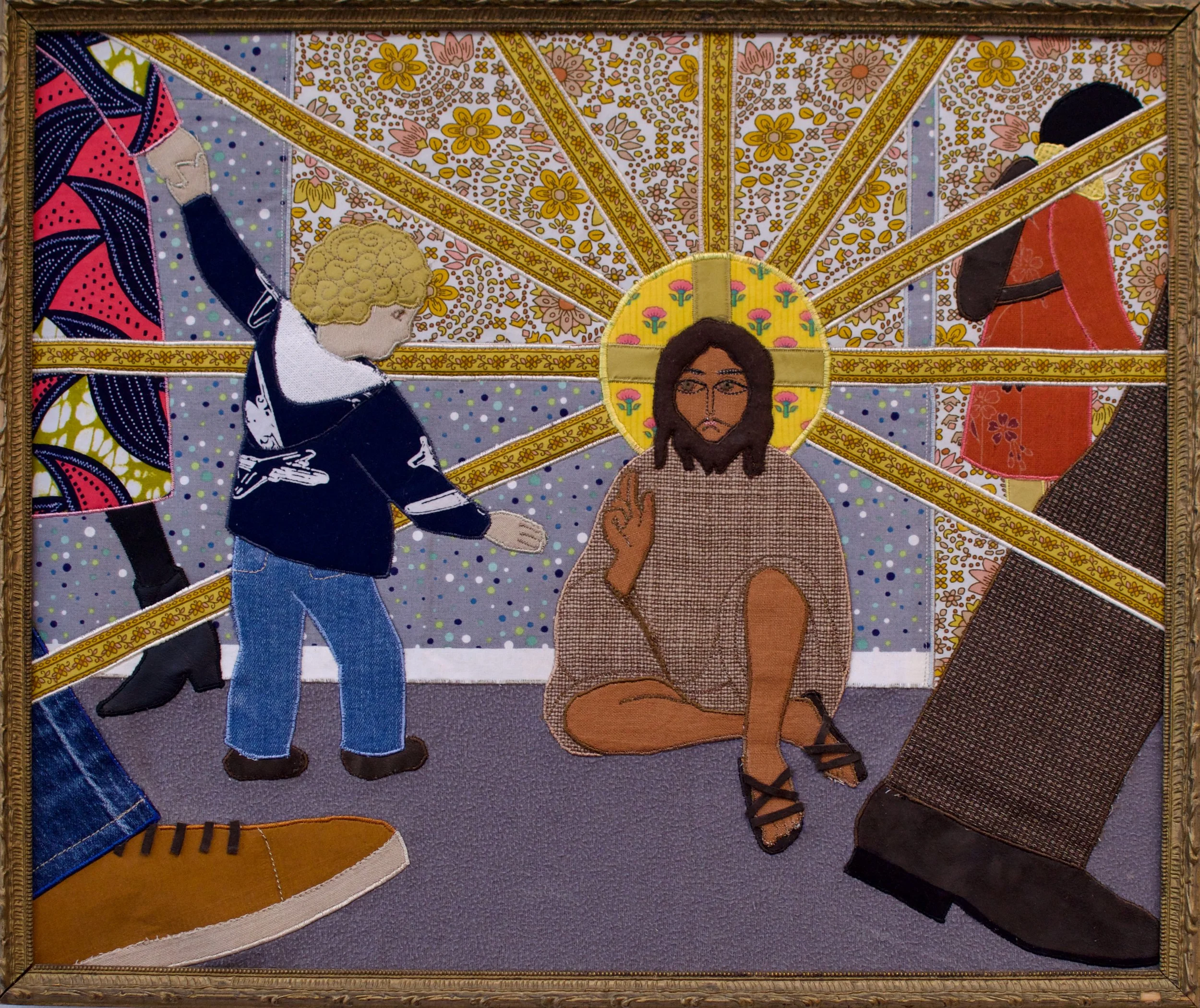 "Jesus As A Beggar" 2026, 20" x 17", Recycled fabric, leather on recycled frame.