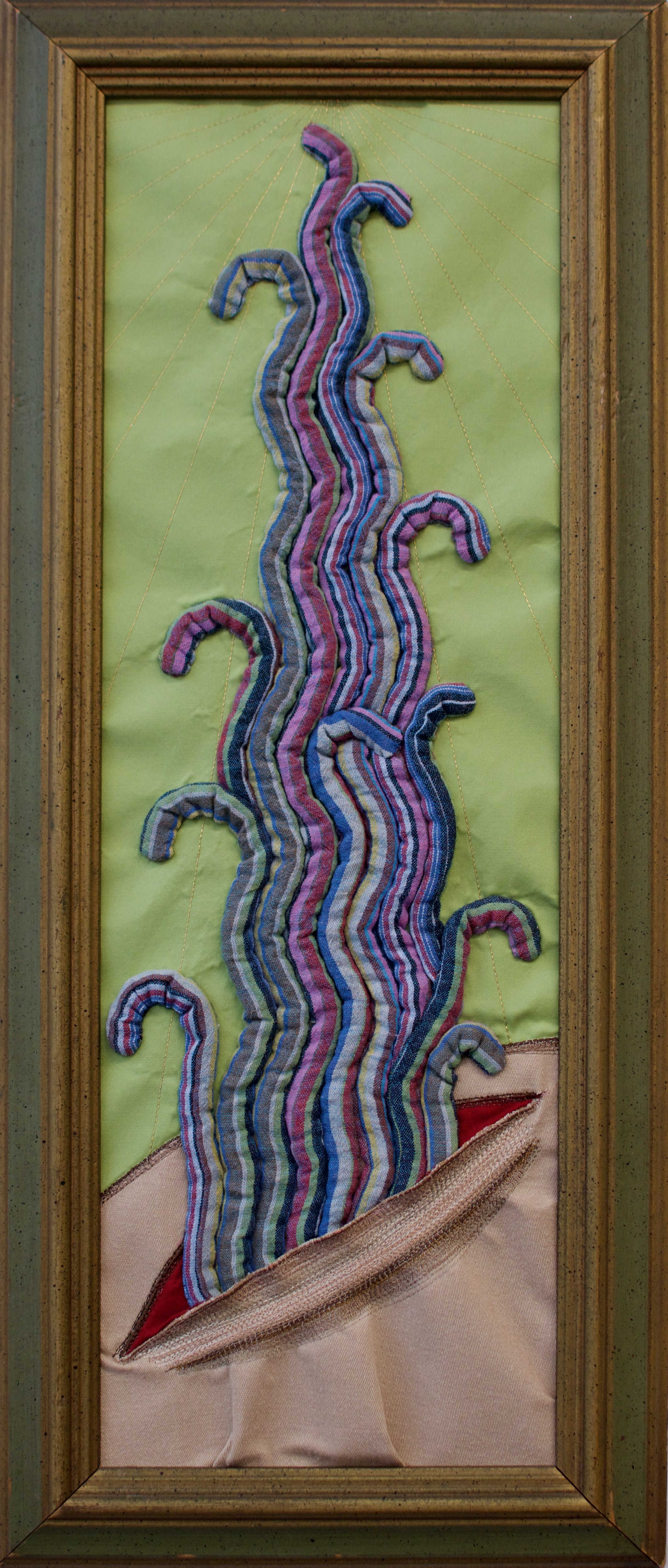 "Living Waters" 2026, 22" x 10". Recycled fabric on recycled frame.