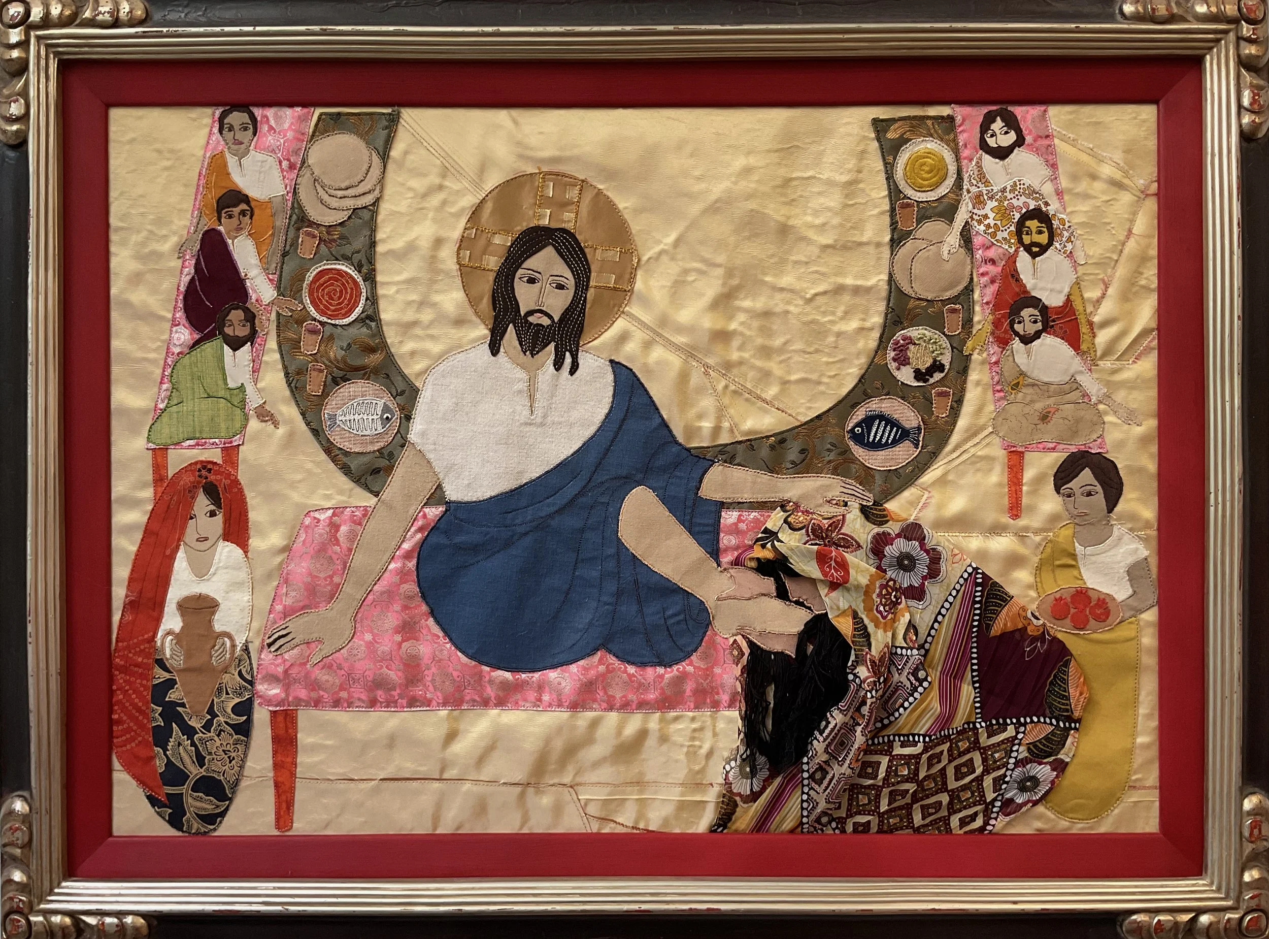 "A Woman Who Washed Jesus's Feet" 2026, 39.5" x 29.5", Recycled fabric, embroidery floss on recycled frame. A bottle of fragrance (spikenard) is dangling from the frame.