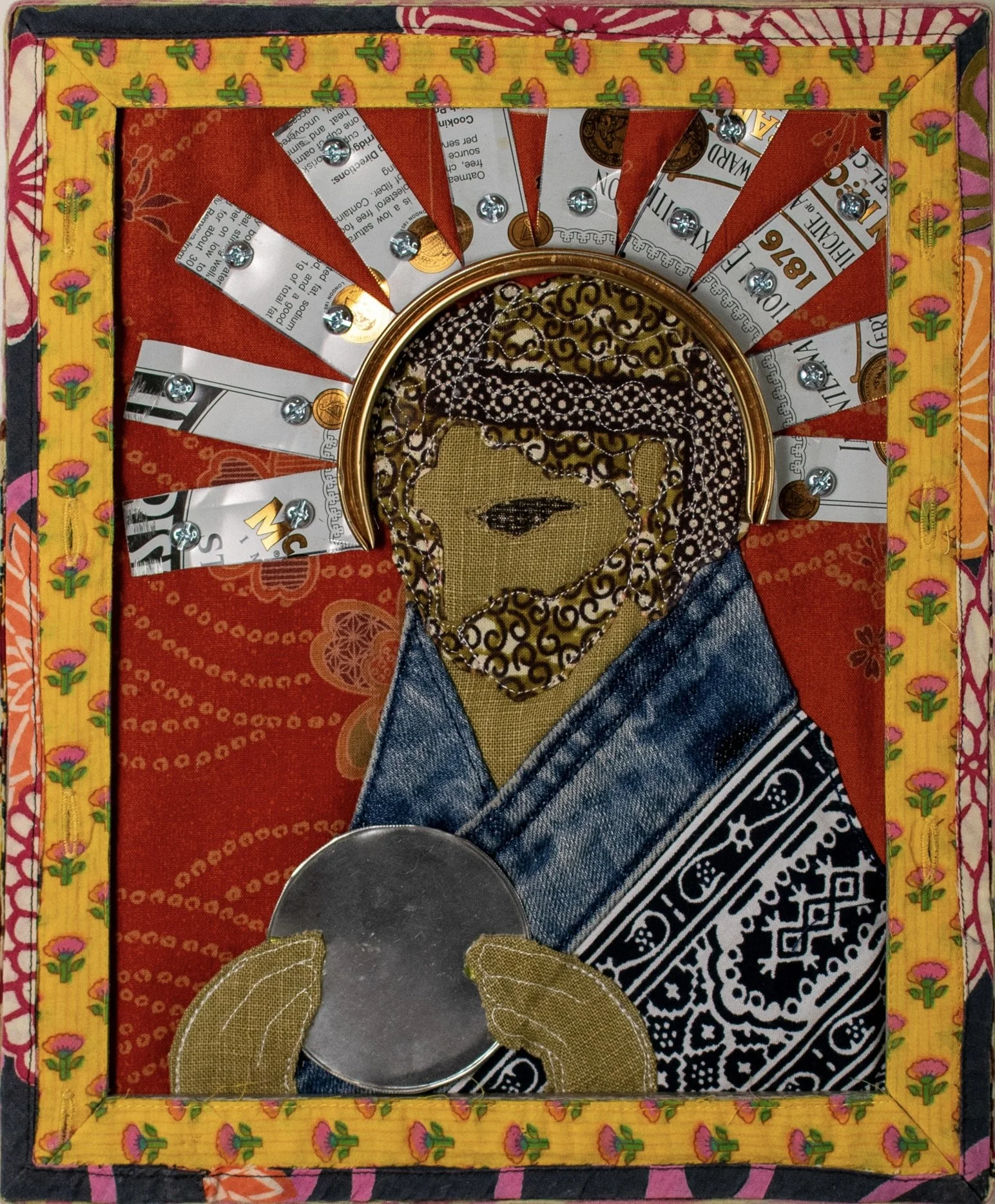 "Take This" 2024, Recycled fabric, Tin mounted on recycled frame.