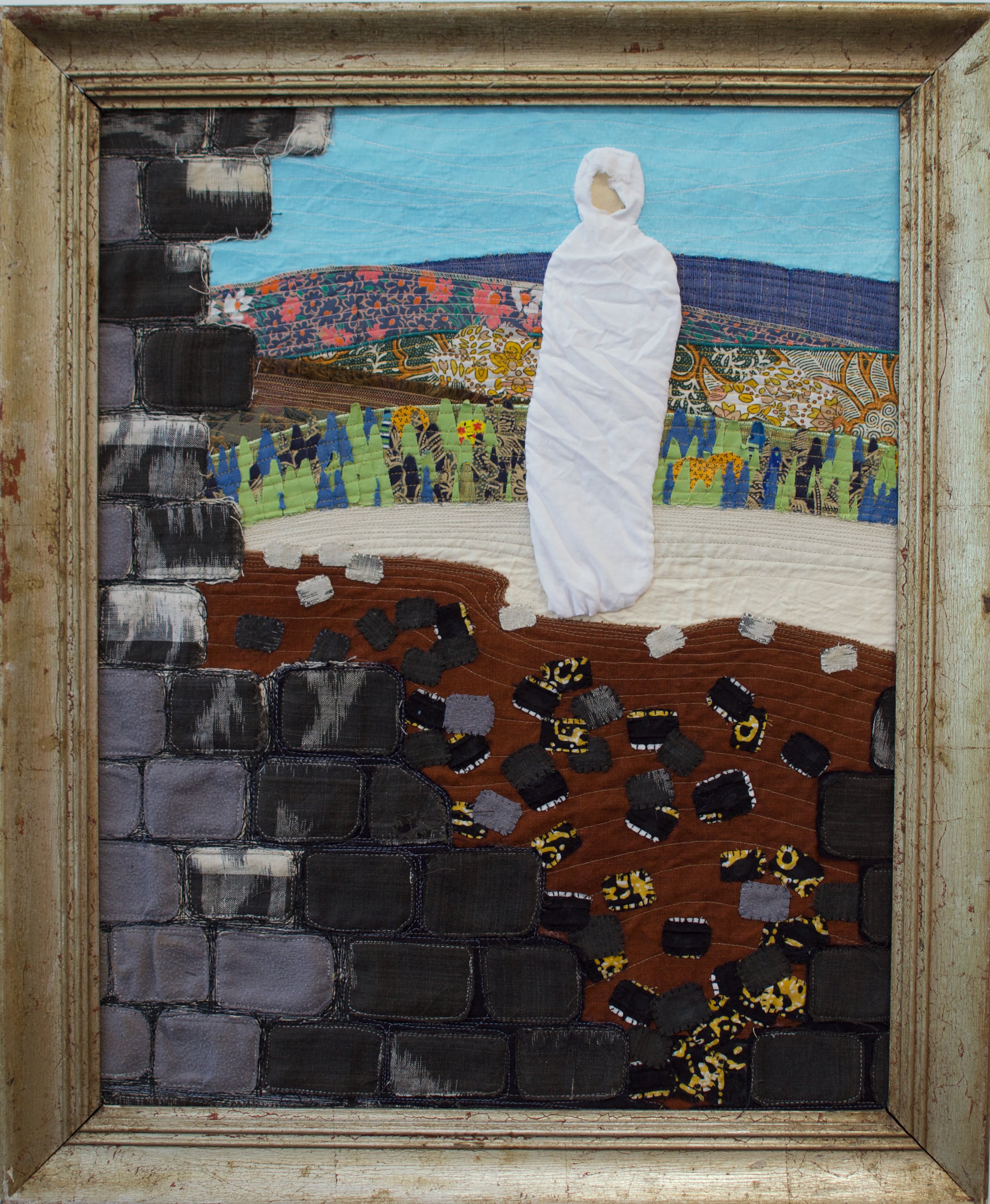 "God Was Waiting for Me", 2026, 23.5" x 19", Recycled fabric and embroidery floss on recycled frame.