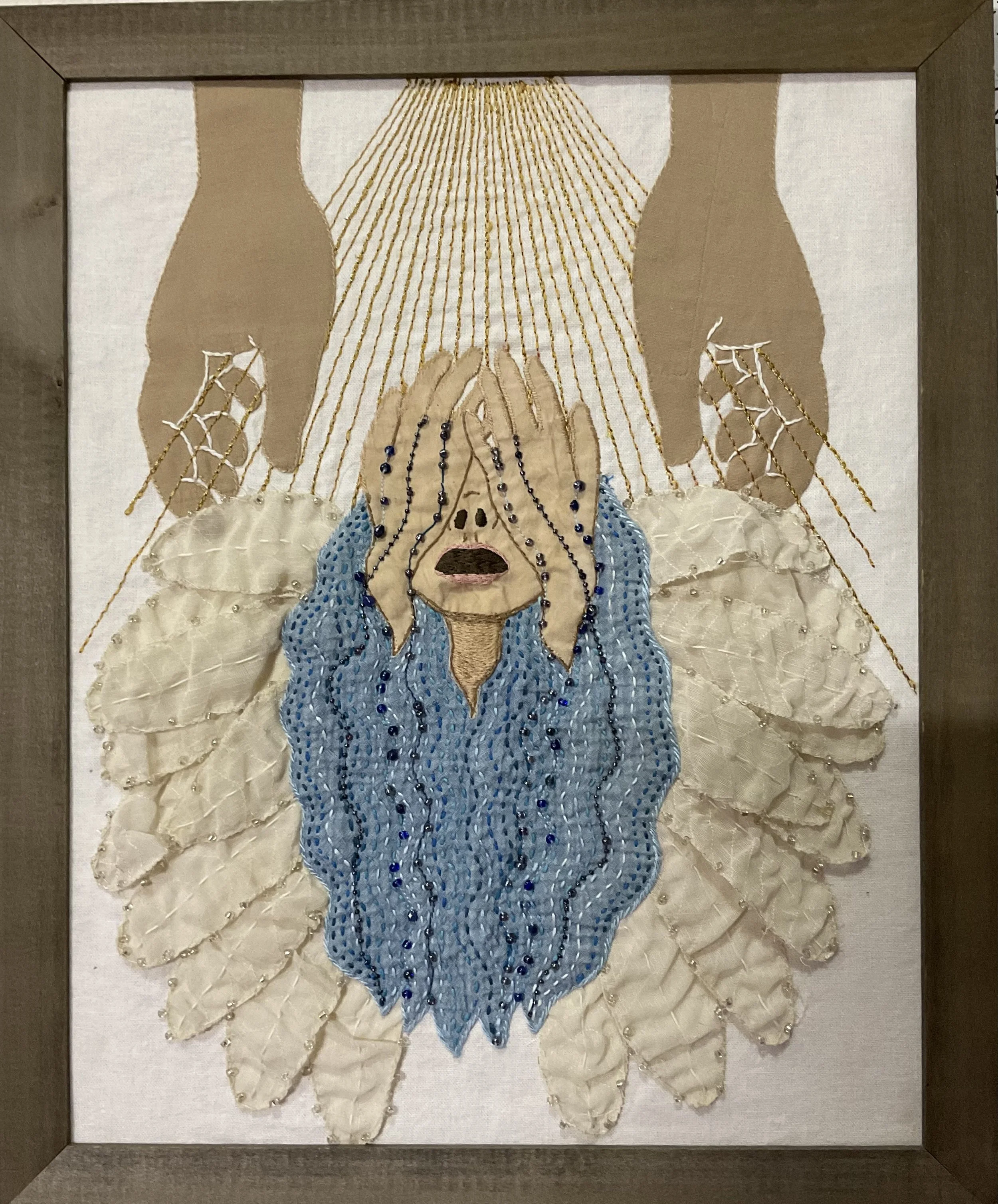 "Lord, Give Wings to Despaired" 2026. 22.5" x 18.5". Recycled fabric, wire, beads, embroidery floss on recycled frame.