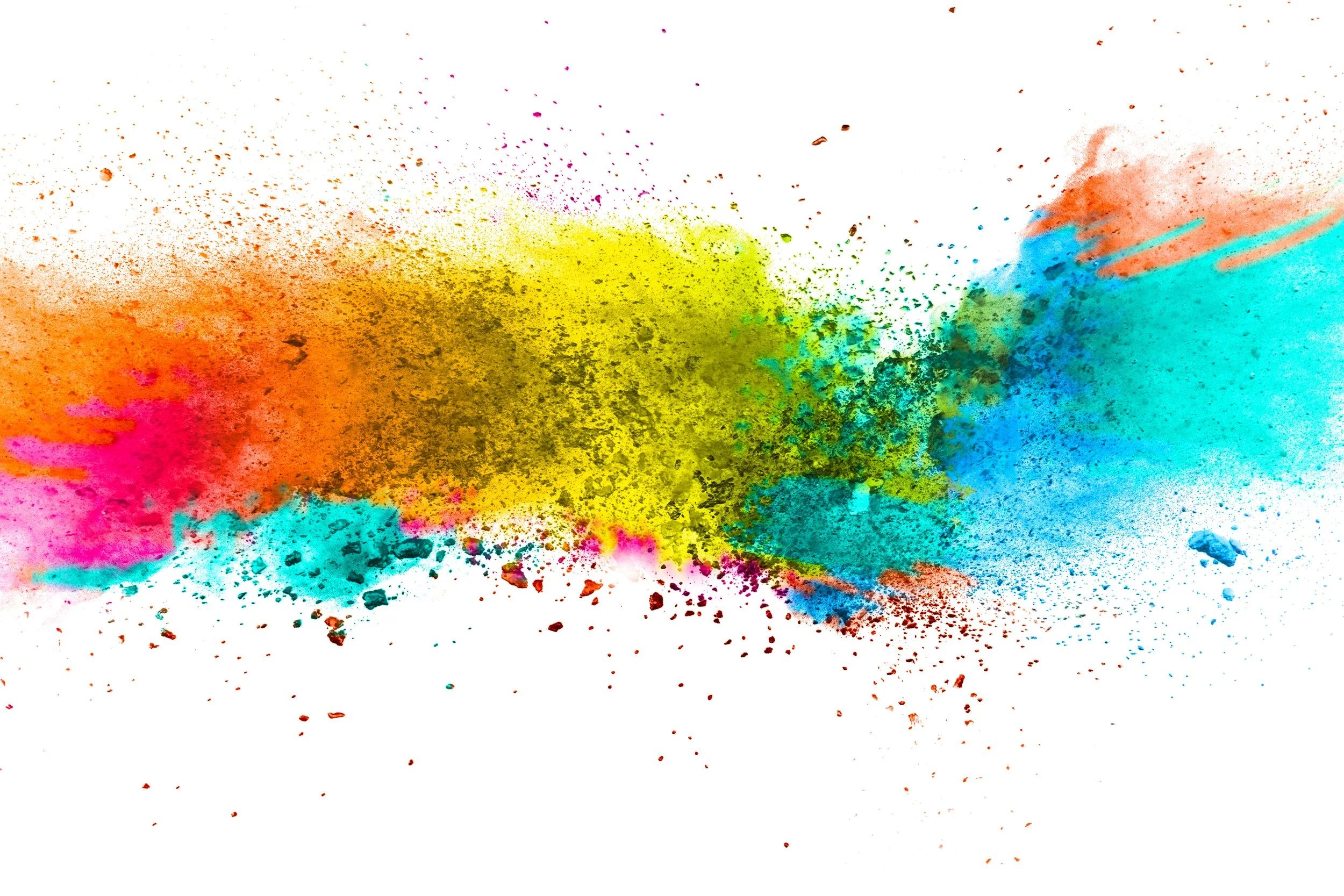 Colorful powder splashes in various shades of pink, orange, yellow, green, blue, and purple scattered across a white background.